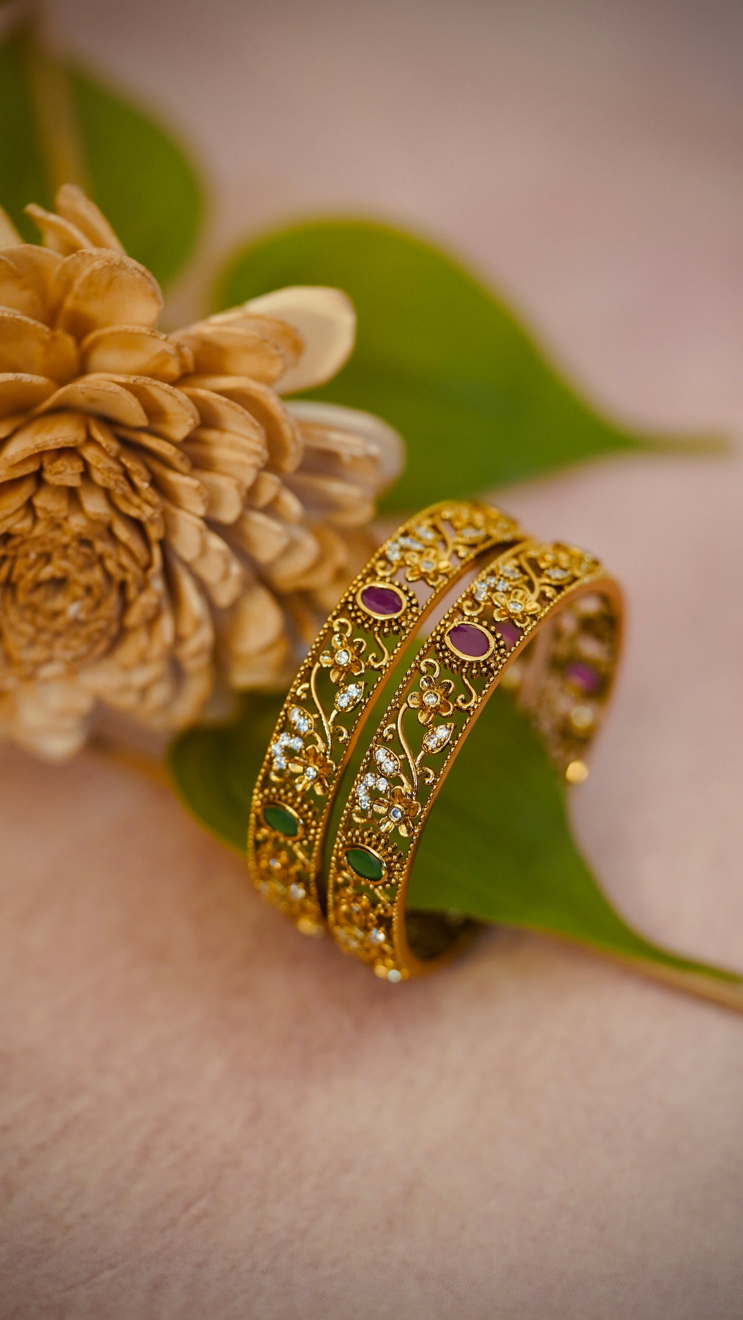 Premium Royal Garden Bangles – Intricate floral vines with red and green gem detailing.