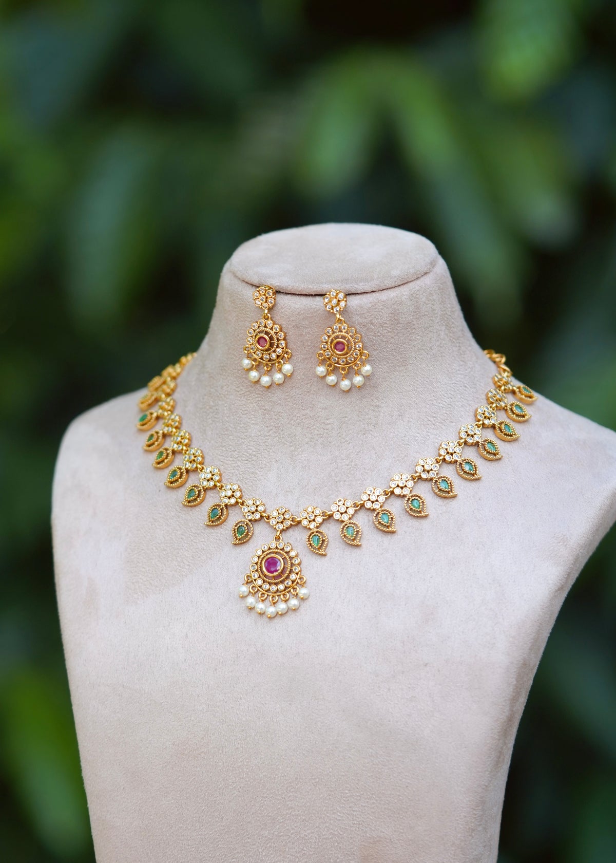 Premium Antique Palakka & CZ Medallion Necklace Set – Aathira