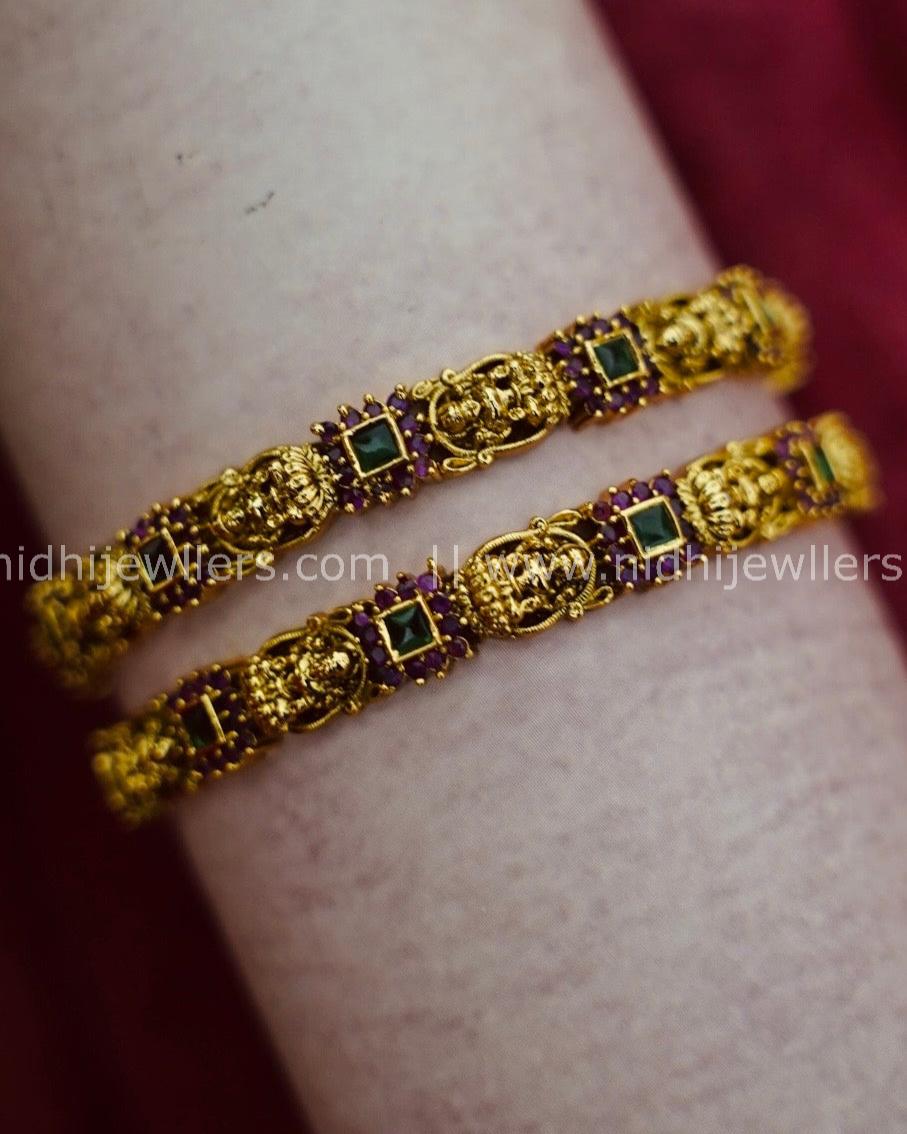 Premium Lakshmi pink and green stones bangles