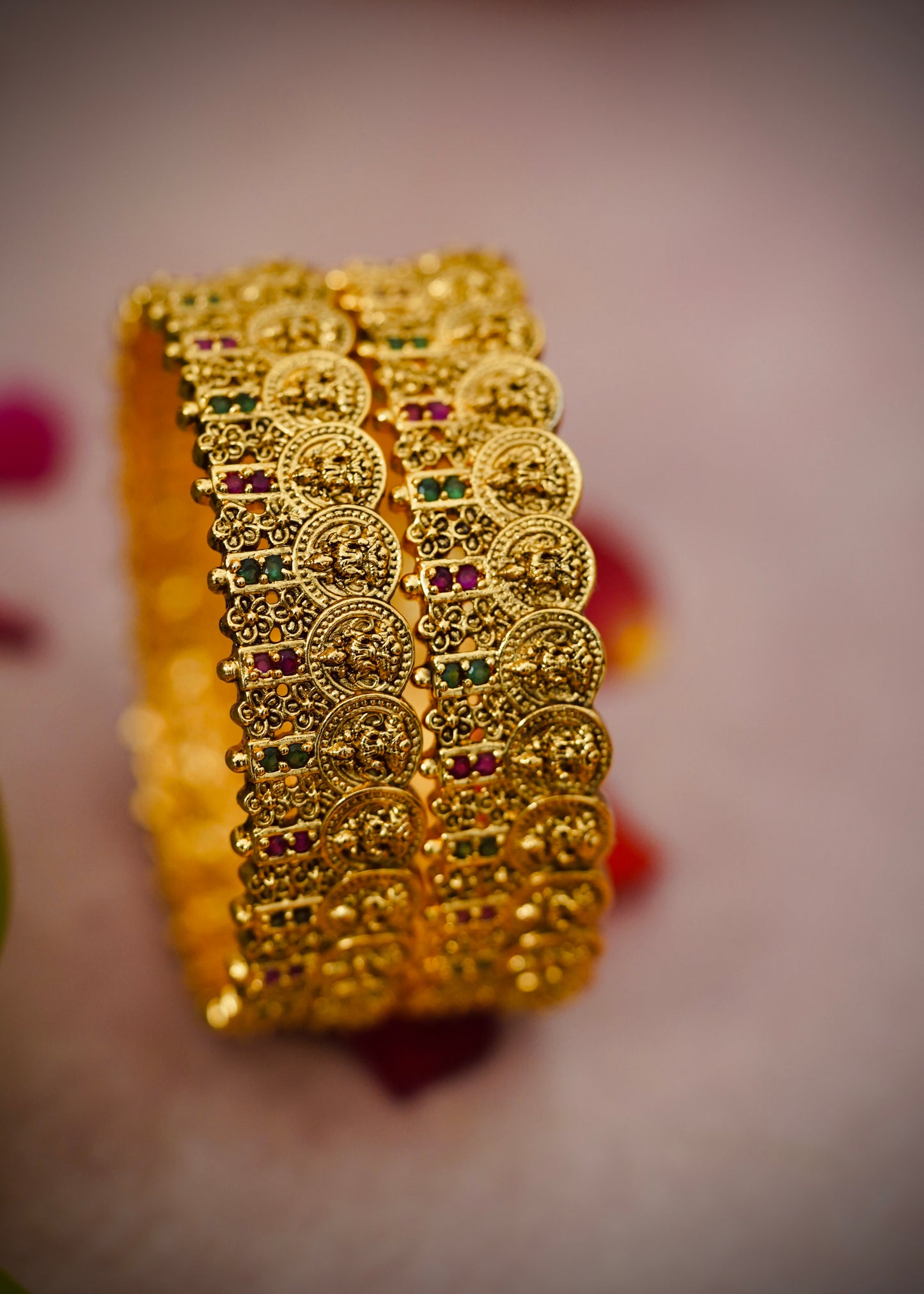 Coin Antique Bangles – Traditional coin-style design with ruby and emerald stonework.