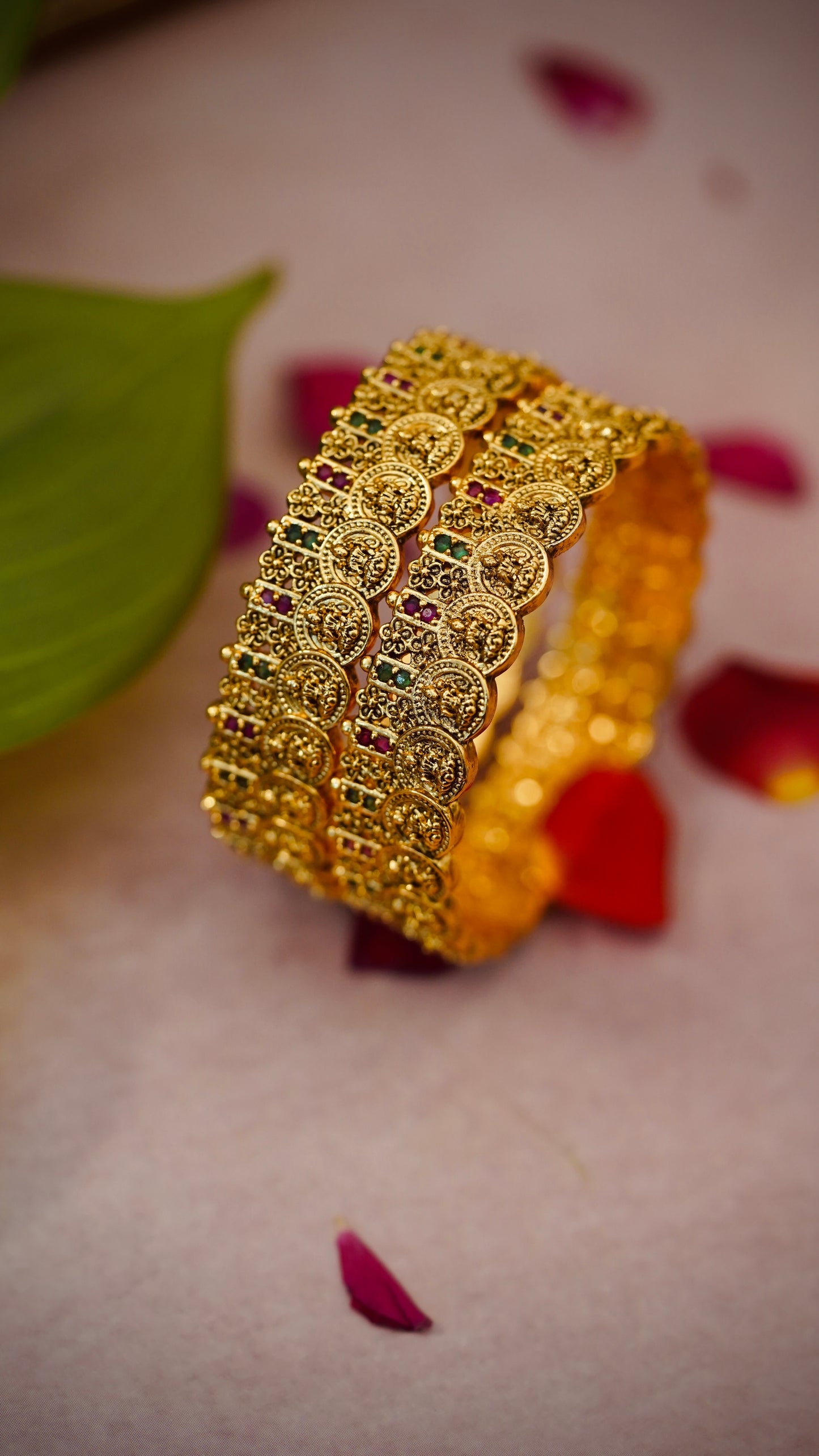 Coin Antique Bangles – Traditional coin-style design with ruby and emerald stonework.