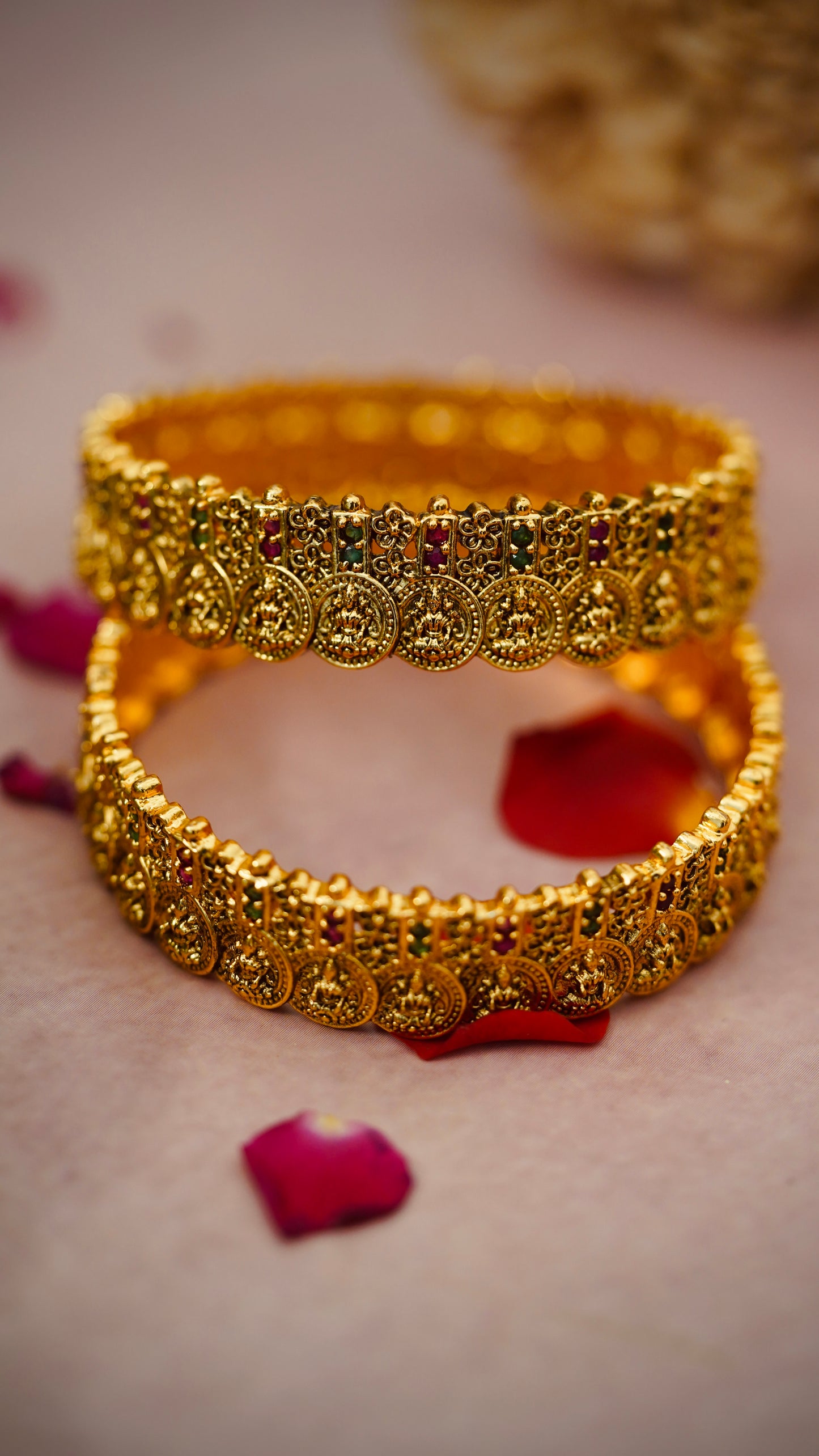 Coin Antique Bangles – Traditional coin-style design with ruby and emerald stonework.