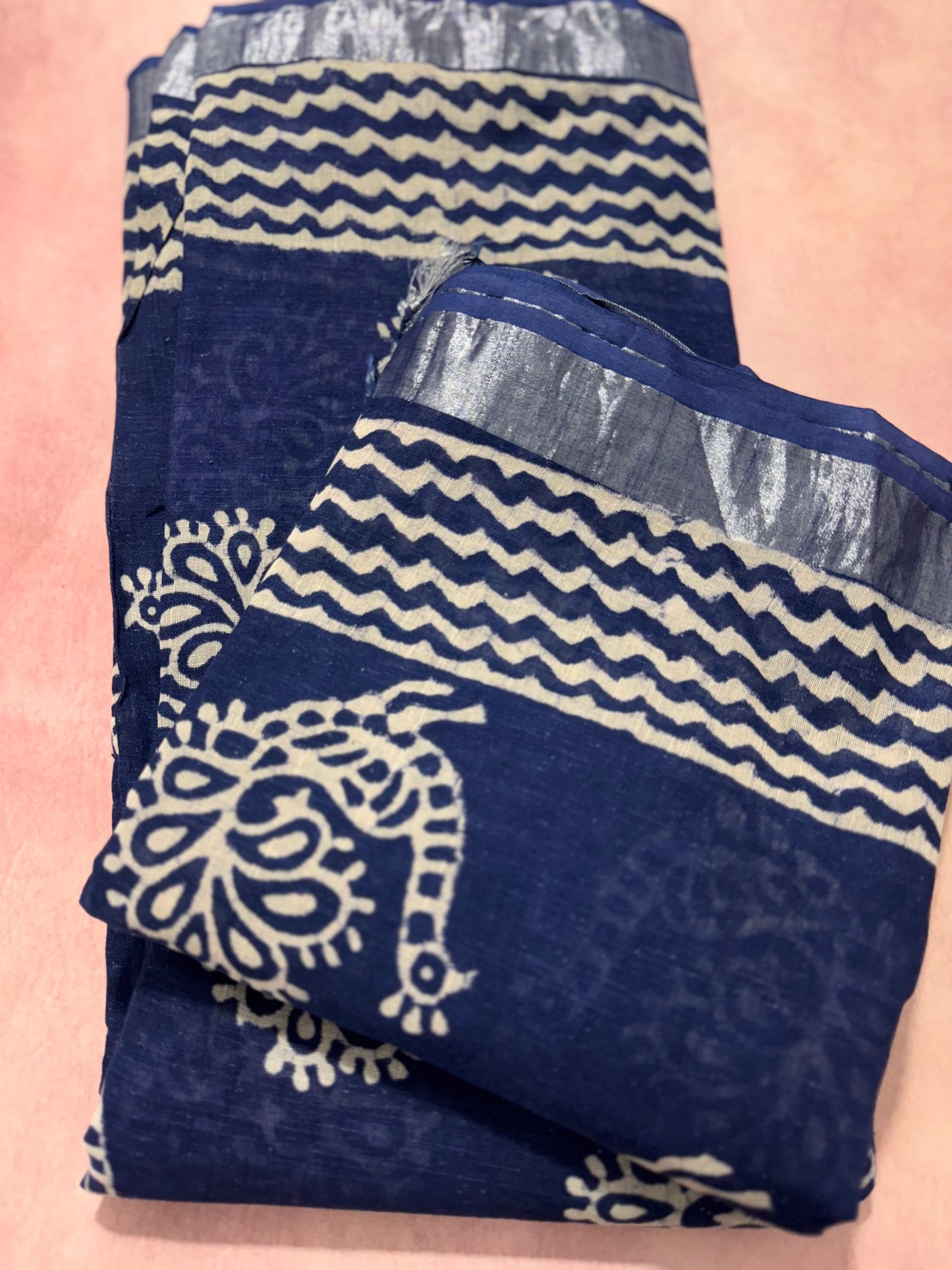 Indigo Linen cotton saree with silver thread border