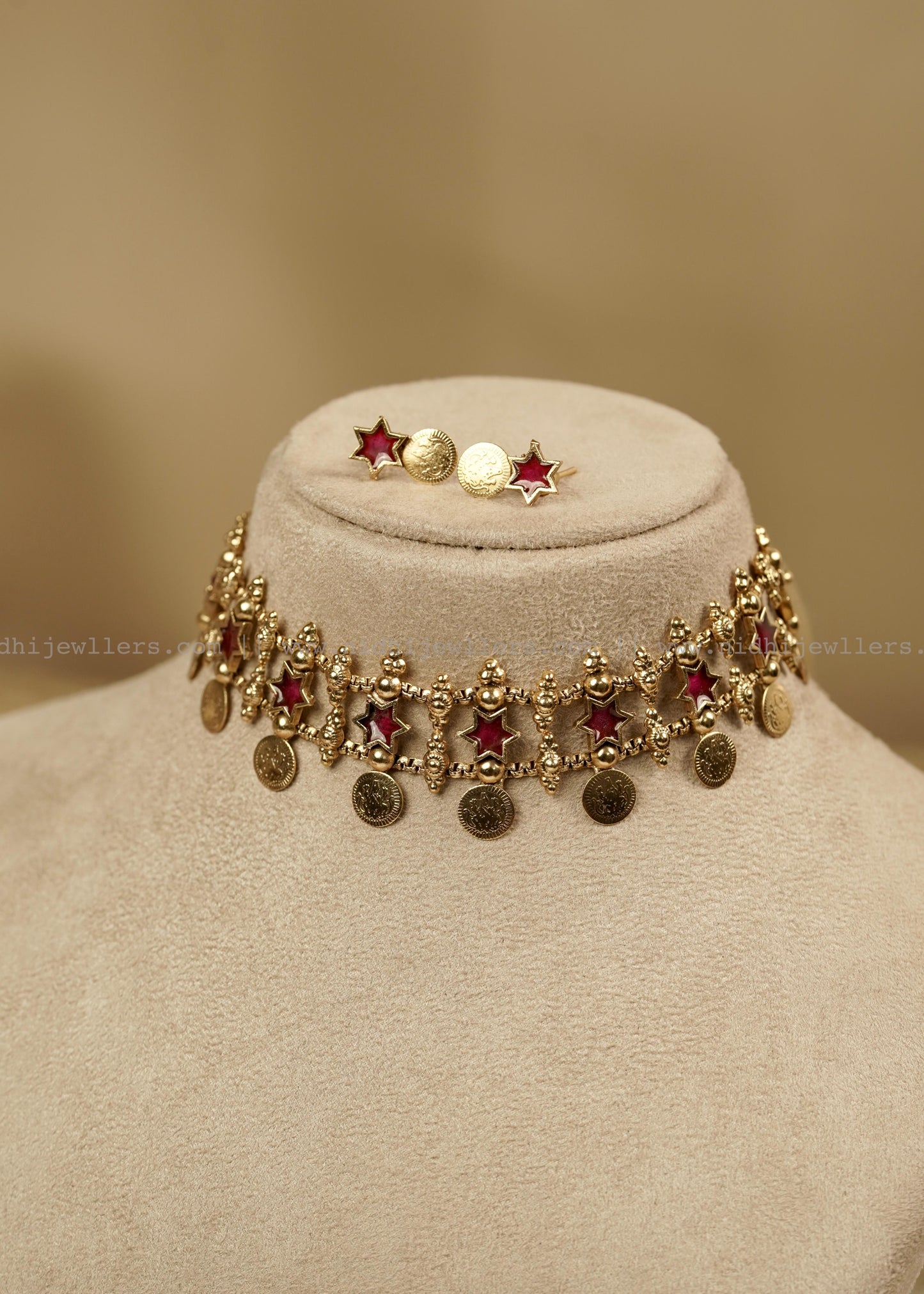 Antique Pink Star and Kasu Fusion Choker Set with Matching Earrings- Tarika
