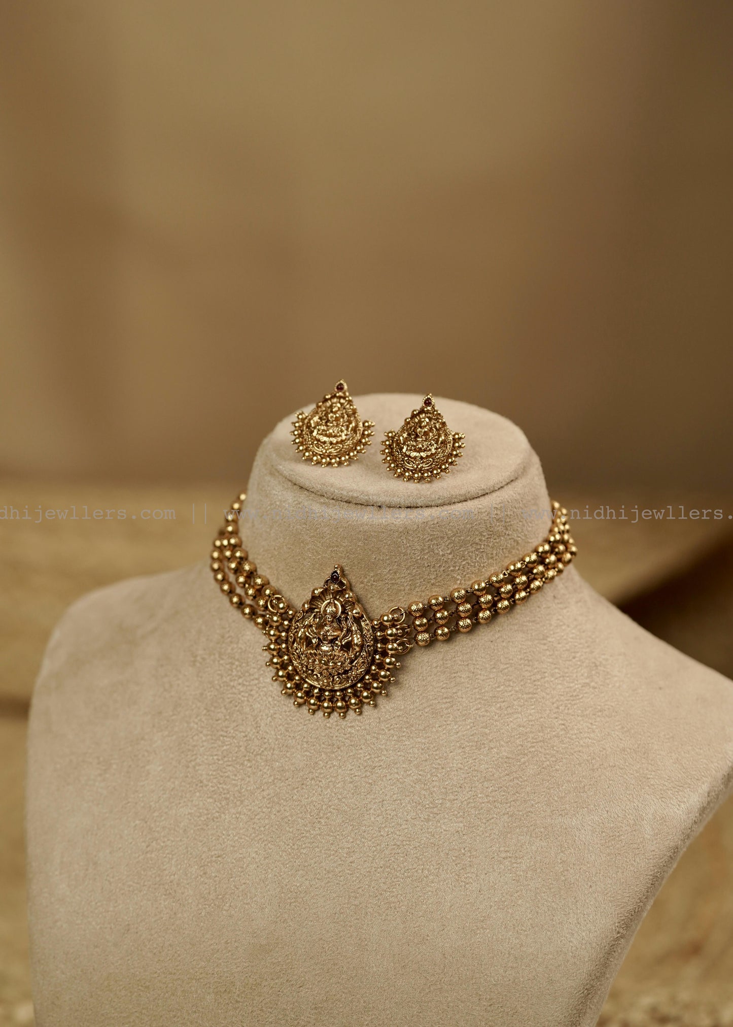 Antique Goddess Lakshmi Three-Strand Bead Choker Set with Studs- Saanvi