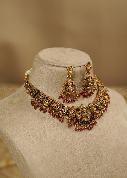 Antique Goddess Lakshmi Temple Choker Set with Matching Dangle Earrings- Bhargavi