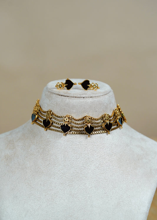 Black Enamel Multi-Strand Choker Set with Matching Studs