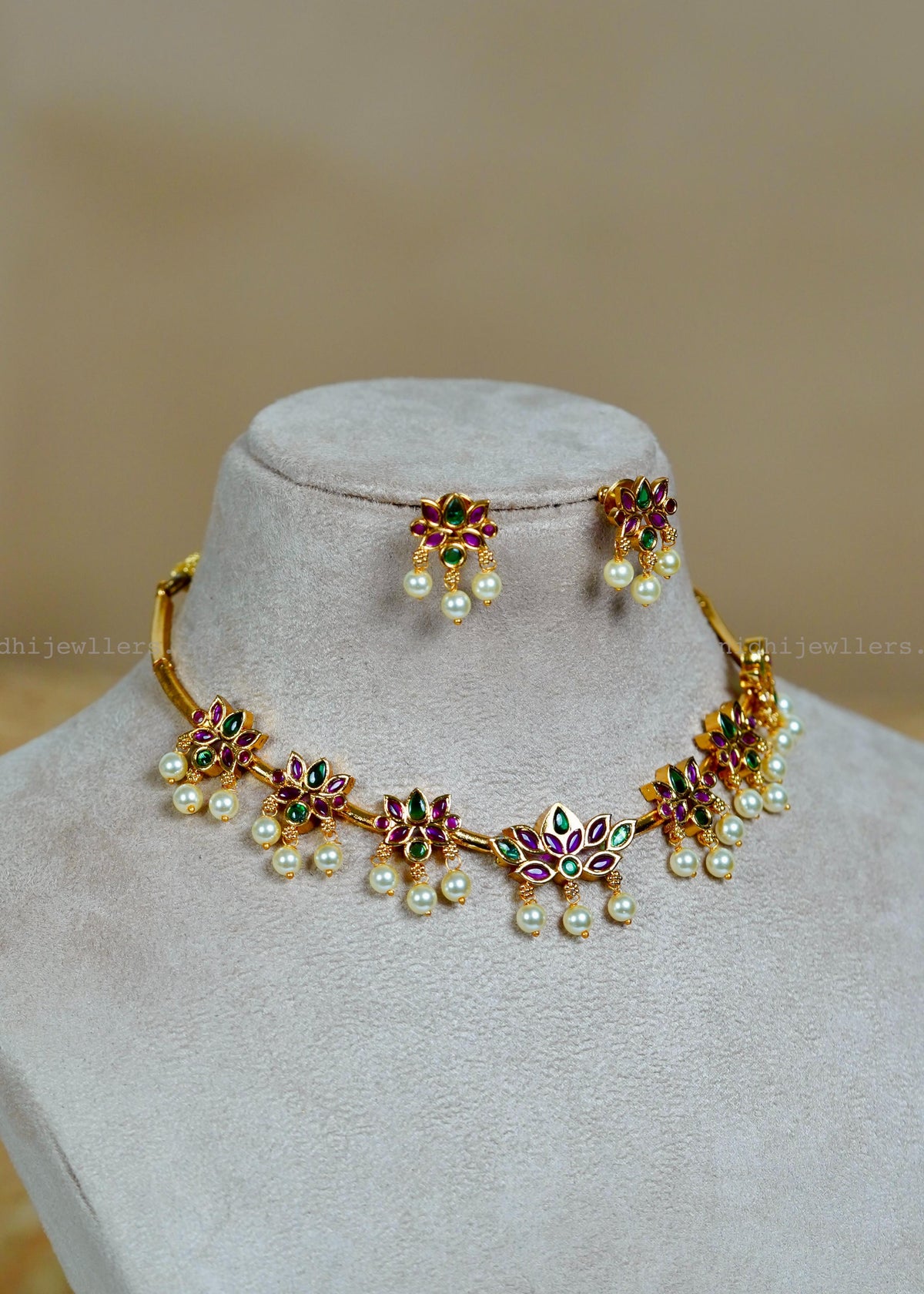 Premium Antique Kemp Lotus Motif Choker Set with Pearl Drops -Kamalini