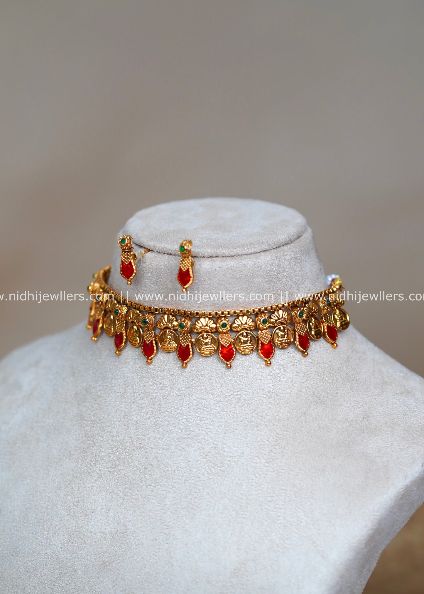 Antique Goddess Lakshmi Kasu and Palakka Fusion Choker Set with Studs-Revathi