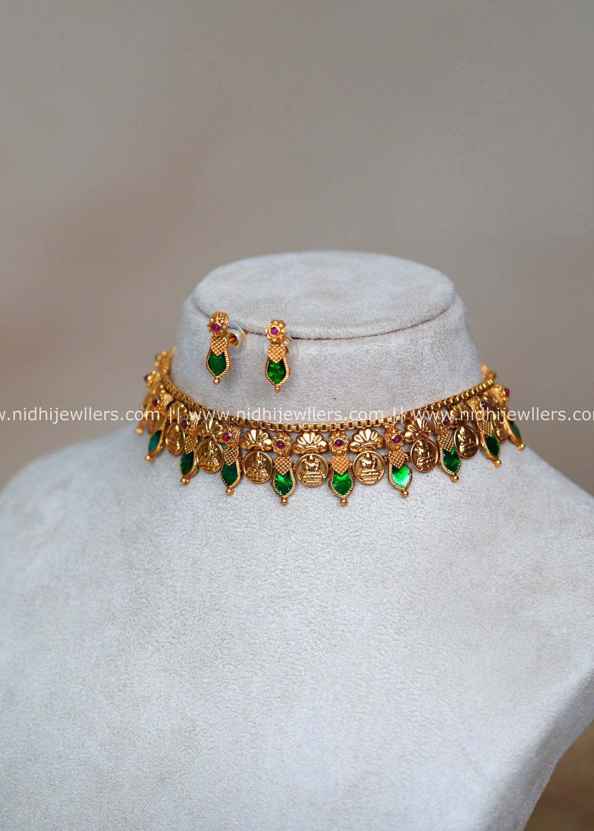 Antique Goddess Lakshmi Kasu and Green Palakka Fusion Choker Set with Studs-Revathi -Green