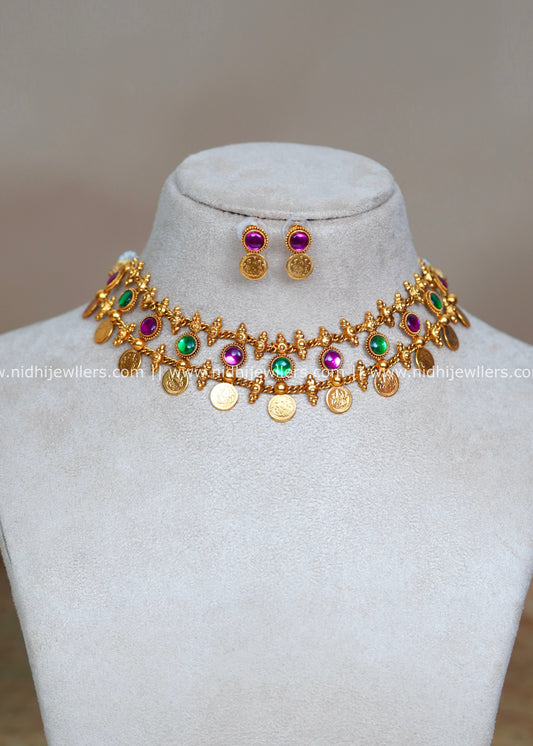 Antique Kasu Coin and Alternating Kemp Stone Layered Necklace Set with Earrings-Dhanvi