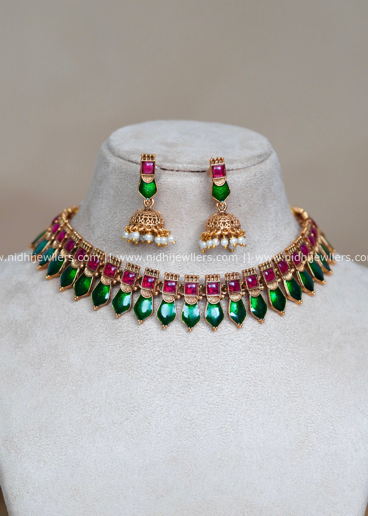 Antique Royal Blue and Green Palakka Necklace Set with Matching Jhumkas-Kavyanjali (Green)