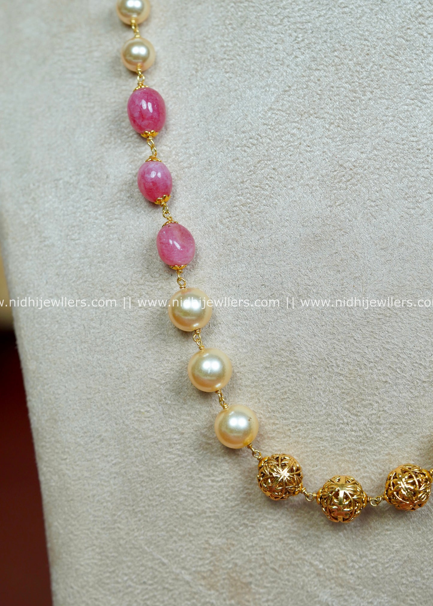 Gold-plated Long Mala Chain with Soft Pink Tumbled Stones and Pearls