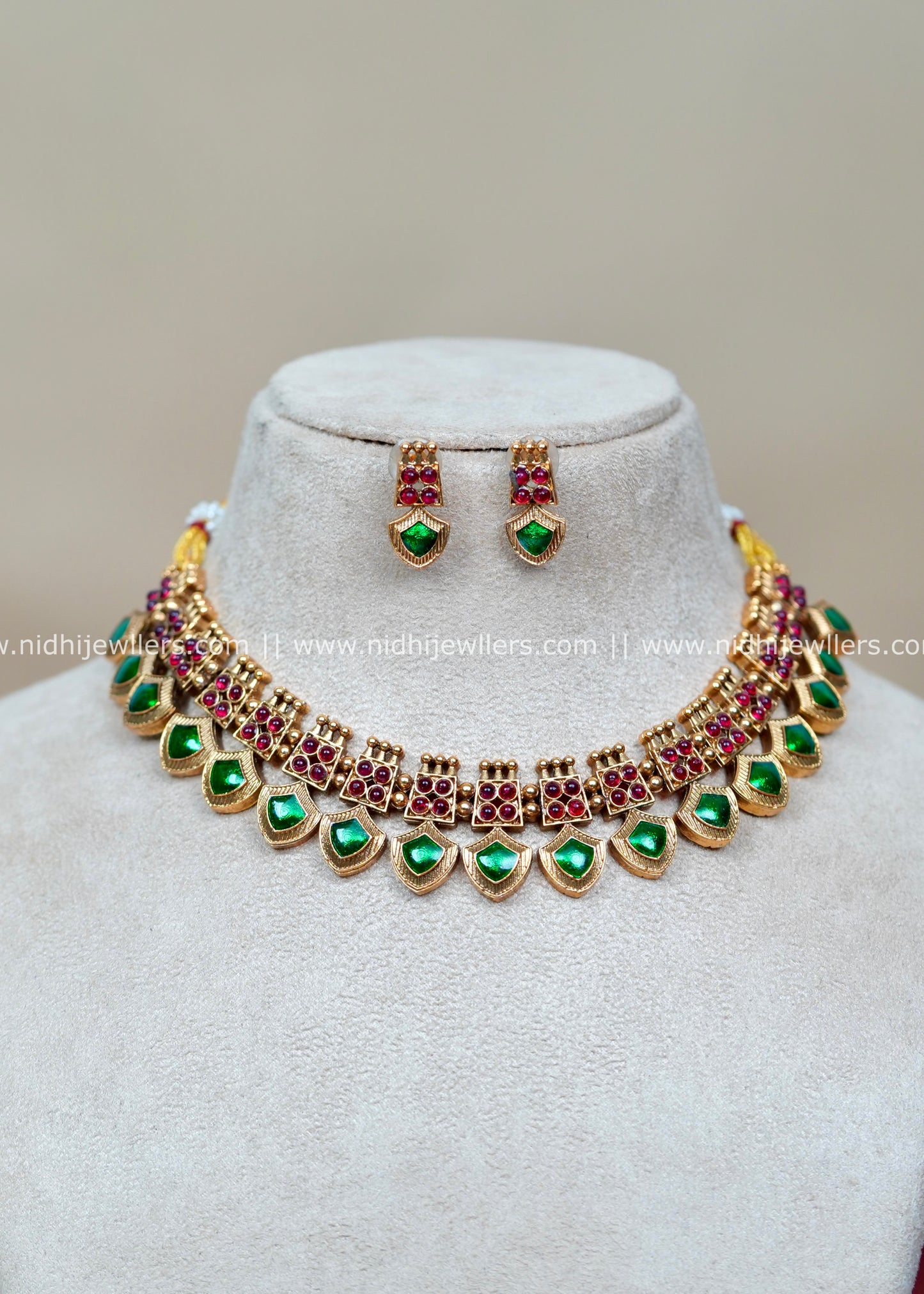 Antique Gold-Tone Geometric Kemp Collar Necklace with Shield-Shaped Drops-Malavika