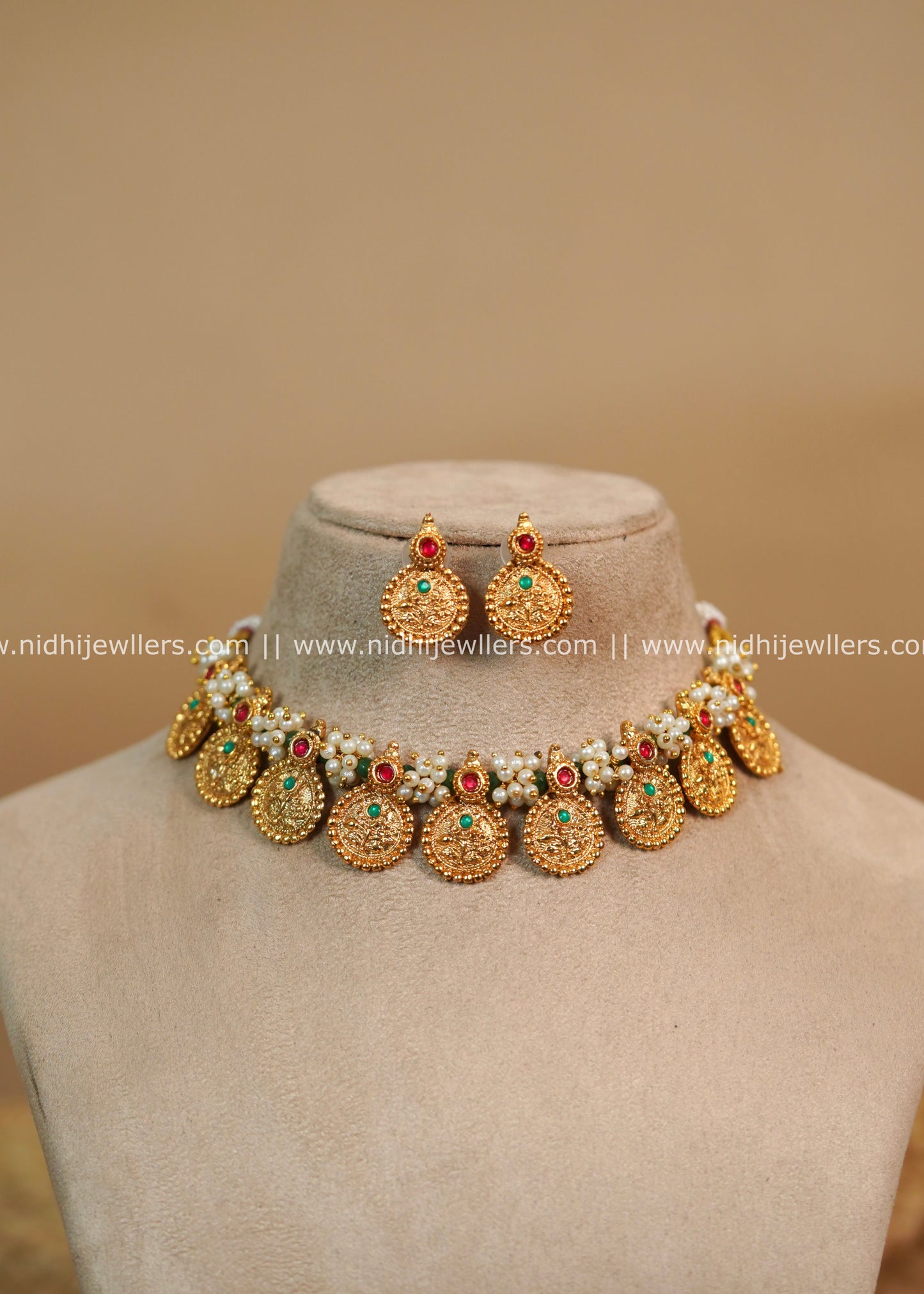 Pearl Cluster and Kasu Coin Choker Necklace Set -Kavya