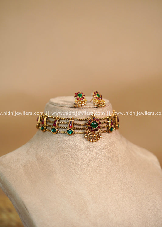 Kemp Floral Choker Necklace with Multi-Layered Box Chains - Tanvi