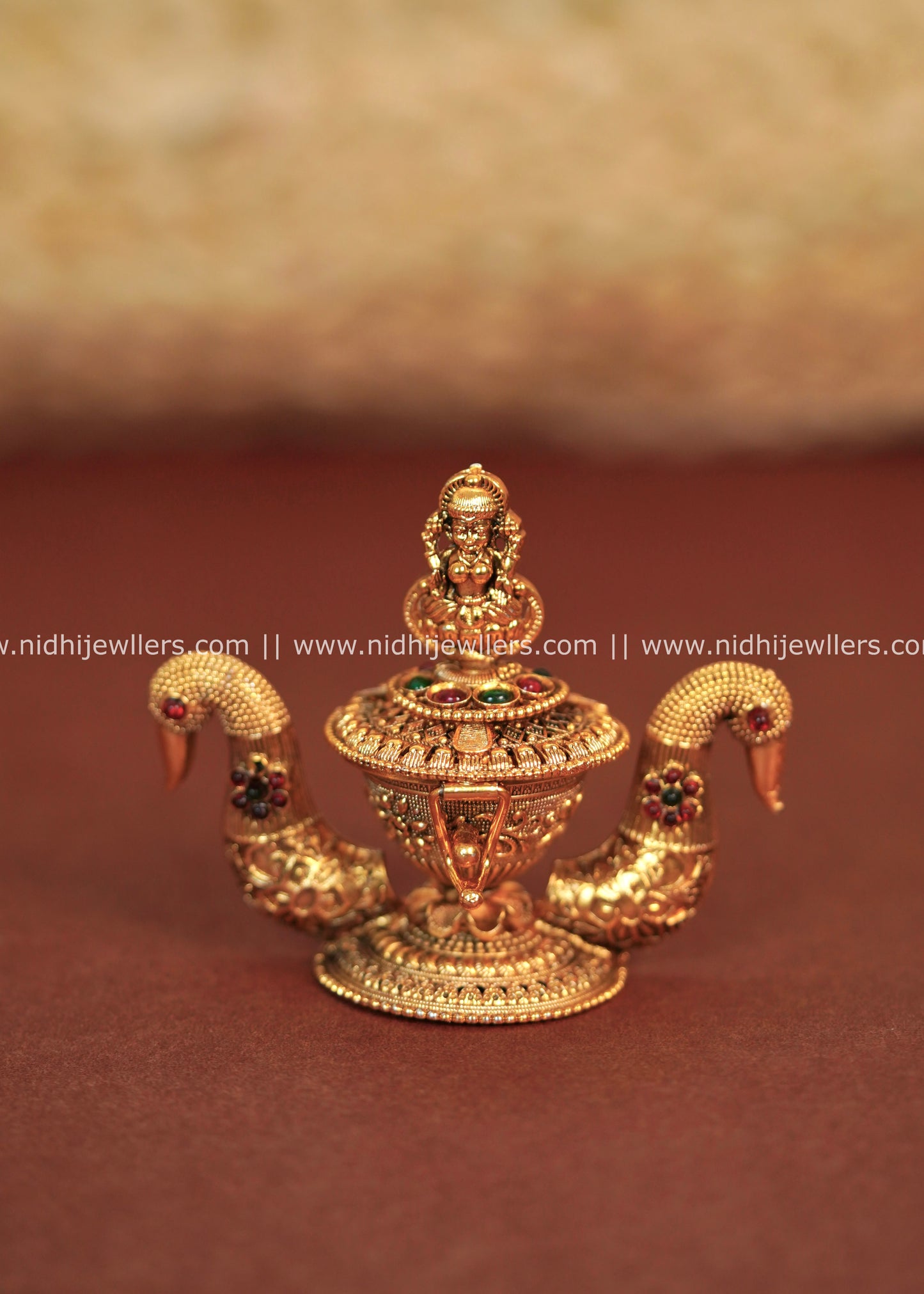Antique Polished Lakshmi and Peacock Kumkum Box (Sindoor Dani)