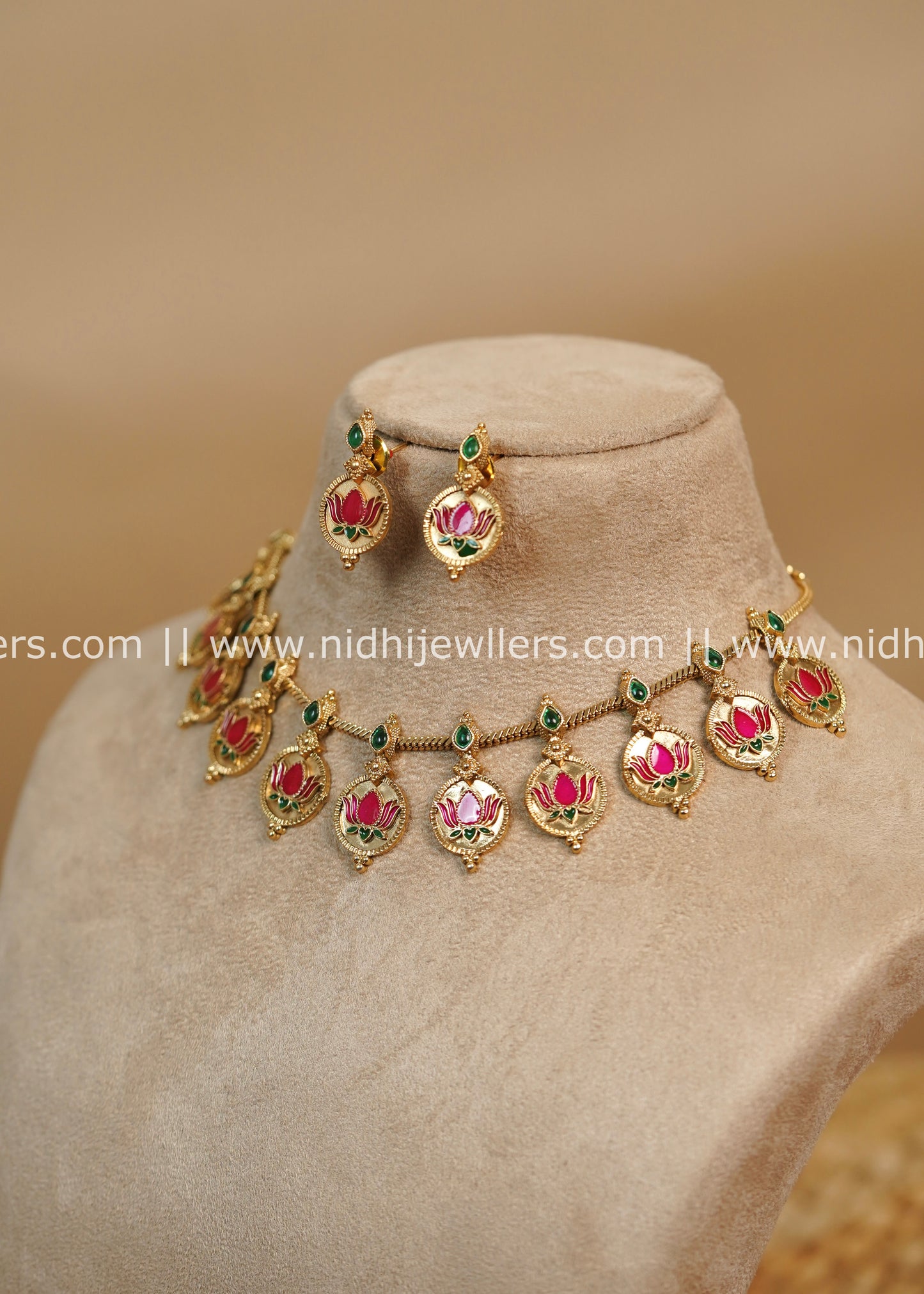 Lotus Enamel Choker Necklace Set with Kemp Accents- Kamala