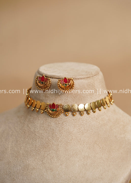 Antique Polished Plain Kasu Choker Necklace Set with Enamel Lotus Centerpiece - Padmapriya