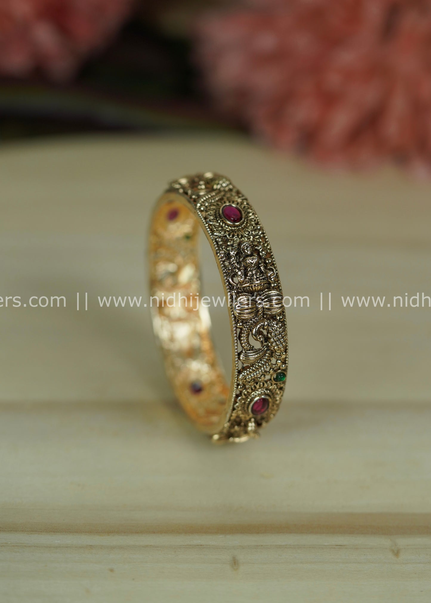 Antique Polished Goddess Lakshmi and Peacock Temple Bangle
