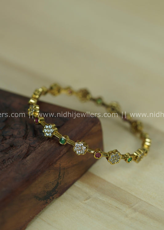 Gold-Color Slender Floral Cluster Bangle with Ruby and Green Accents