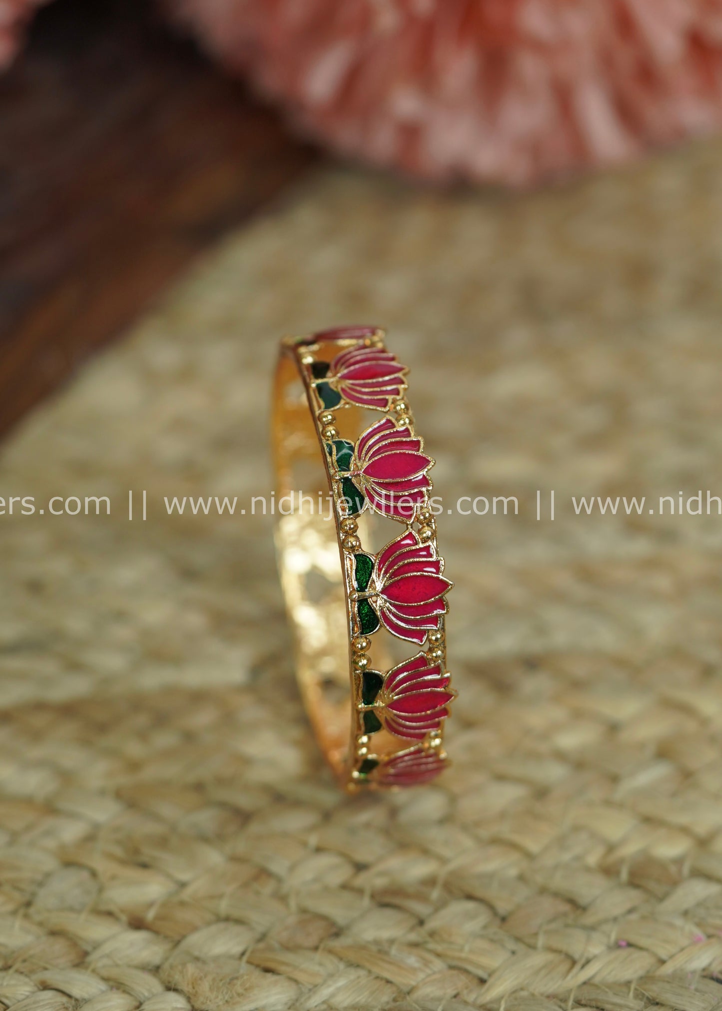 Gold-Tone Openwork Lotus Enamel Bangle with Pink and Green Accents-Charvi