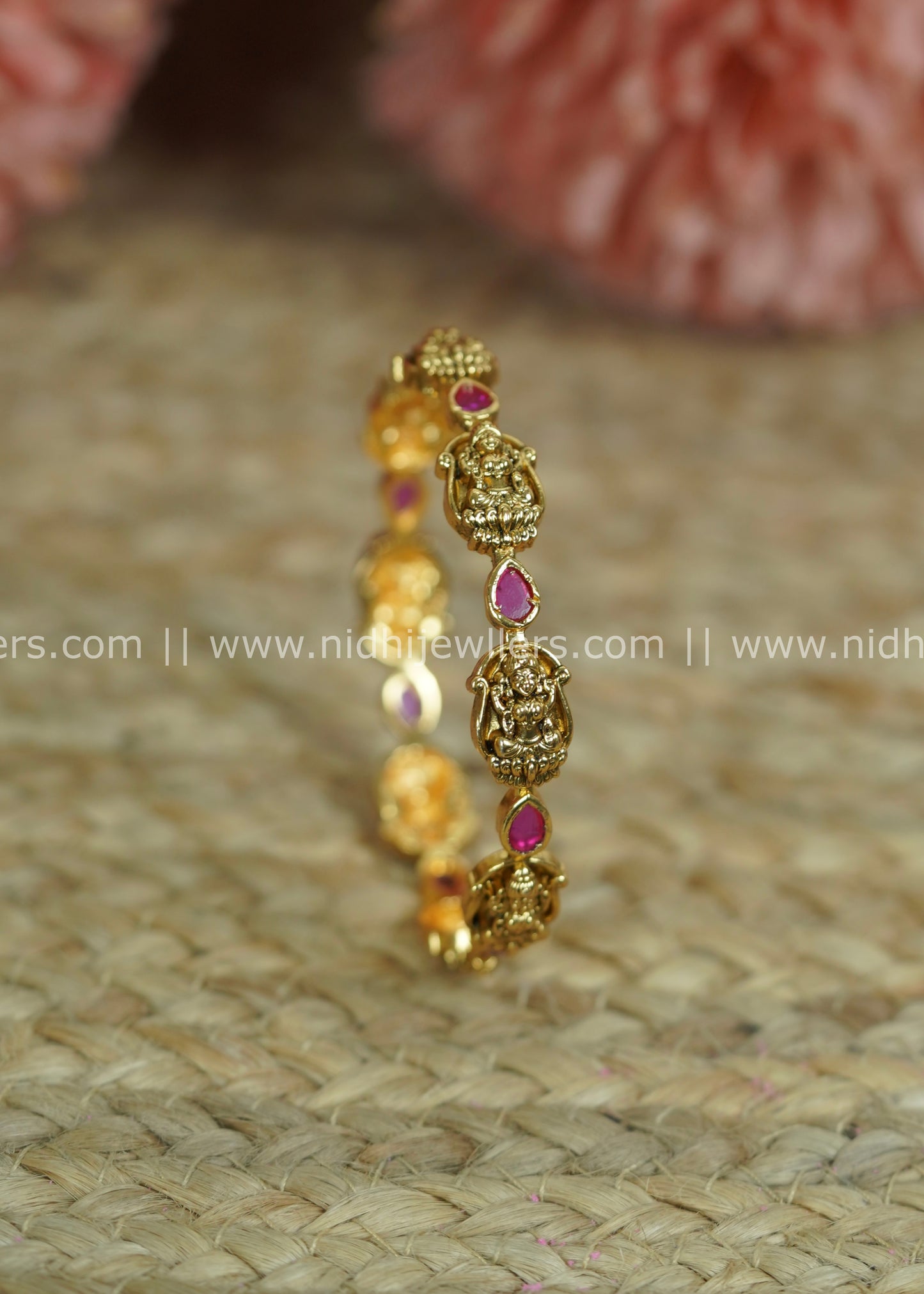Antique Polished Goddess Lakshmi Temple Bangle with Teardrop Ruby Accents