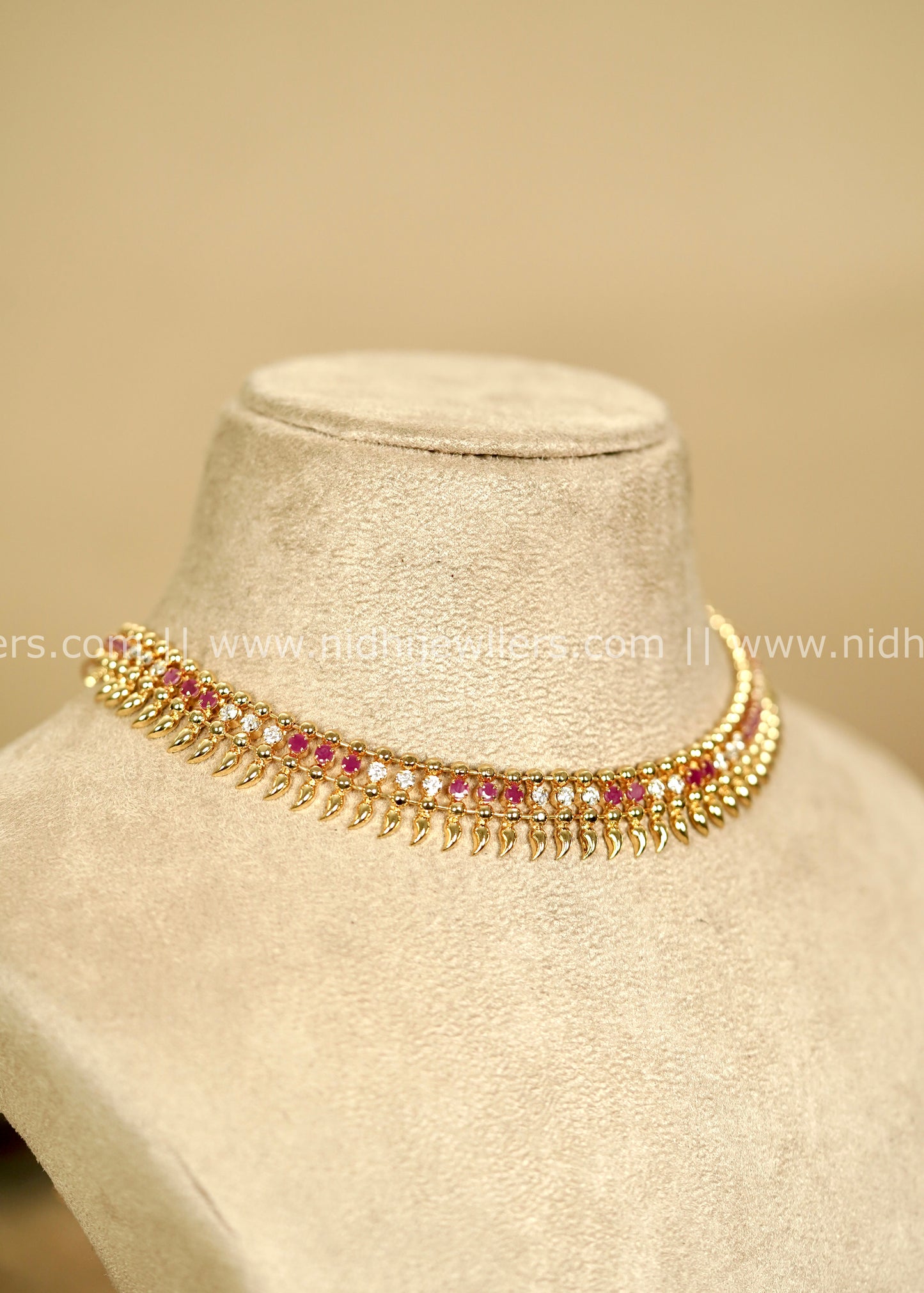 Real Gold Micro-Plated Mullamottu Choker with Alternating Ruby and White Stones -Trisha