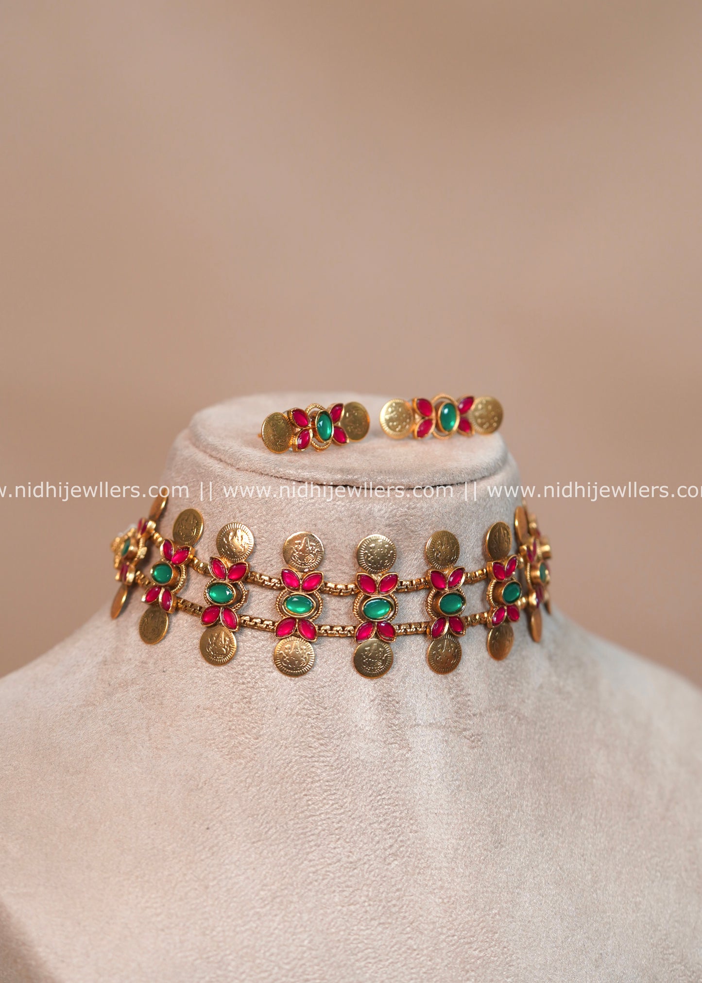 Antique Matte Dual-Row Kasu Choker Set with Ruby and Emerald Florets - Tara