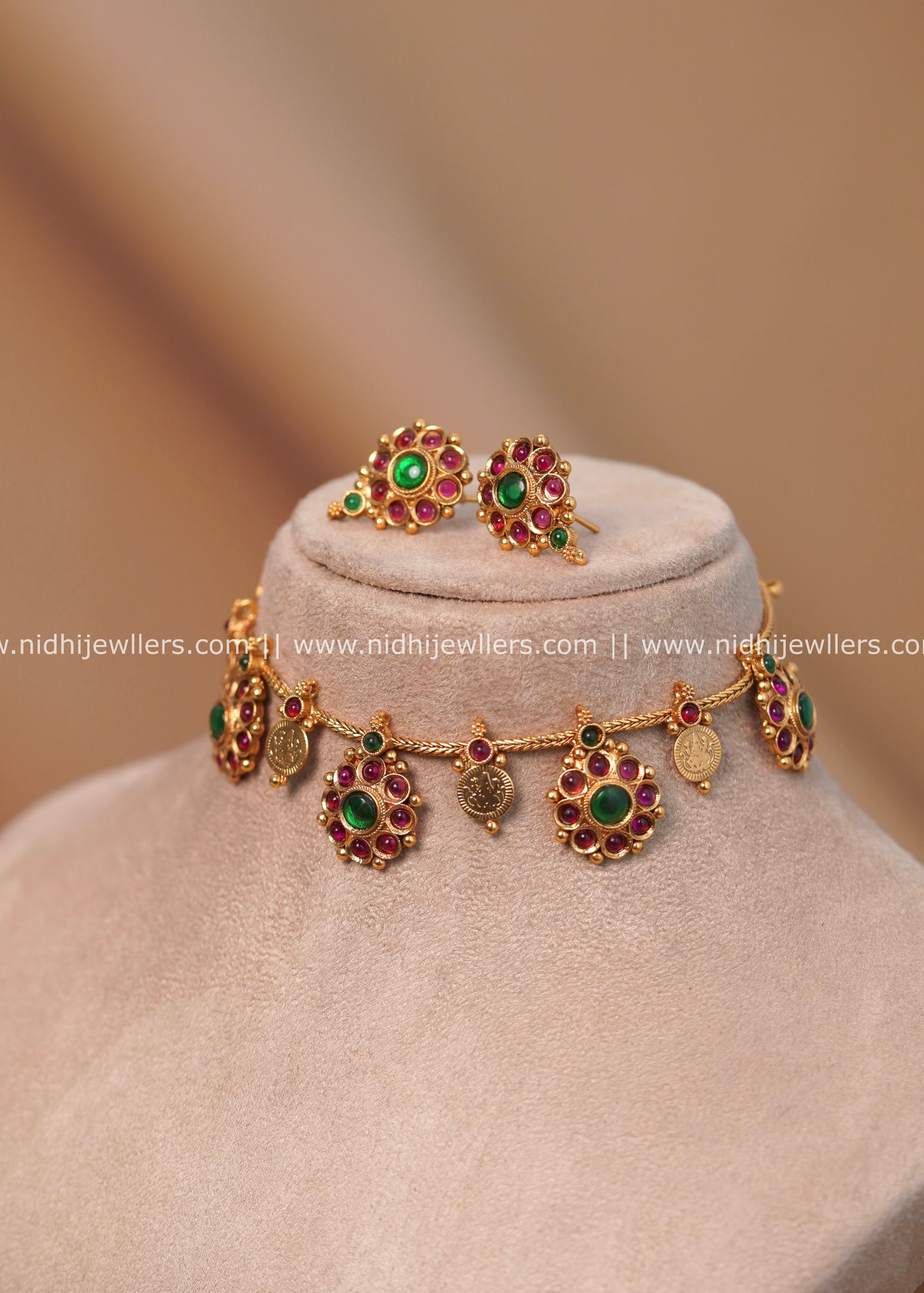 Antique Ruby & Emerald Floral Dainty Chain Choker Set - Oviya