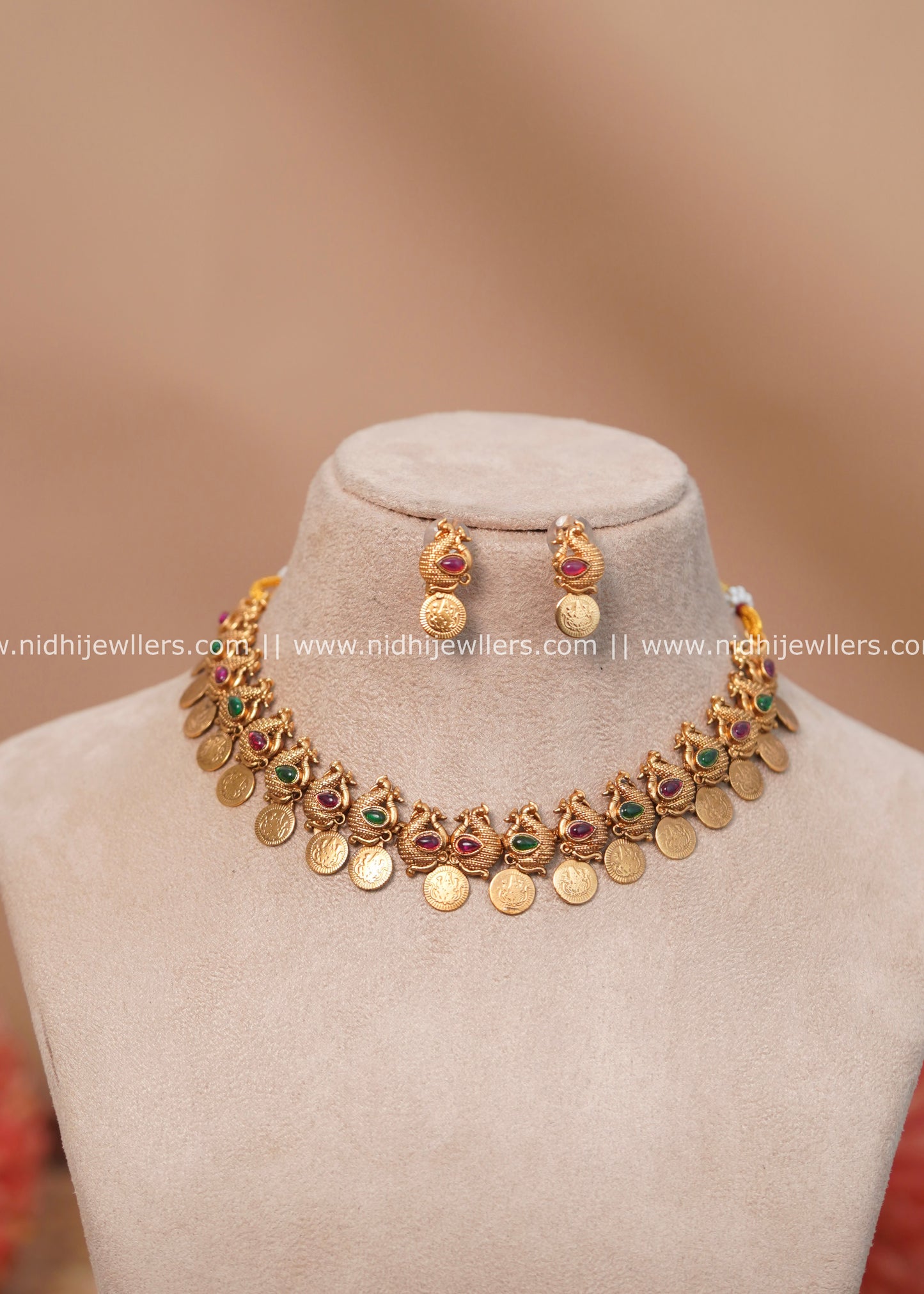 Antique Peacock & Kasu Coin Choker Set with Ruby and Emerald Accents - Vani