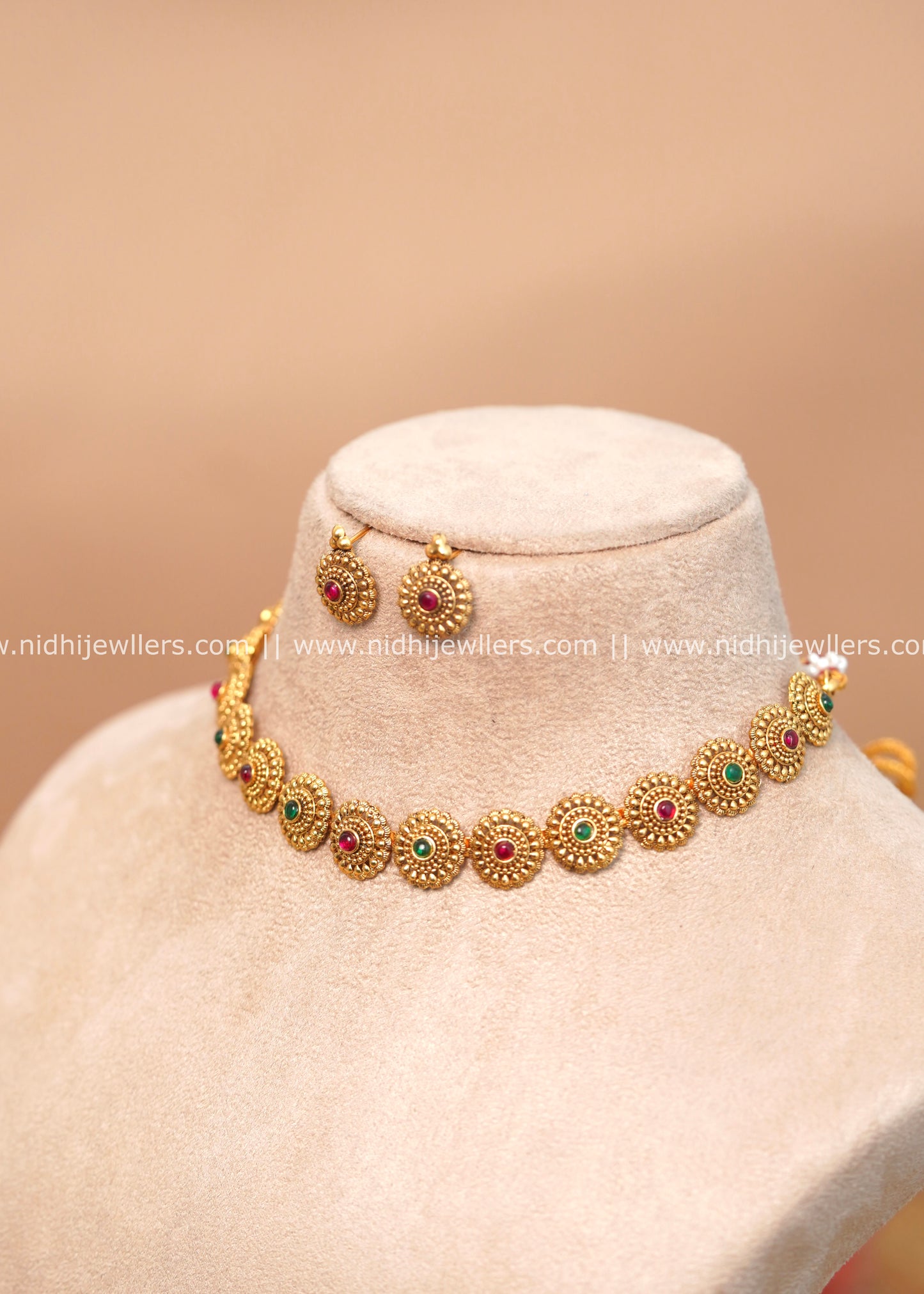 Circular Medallion Choker Set with Ruby and Emerald Accents - Nayana