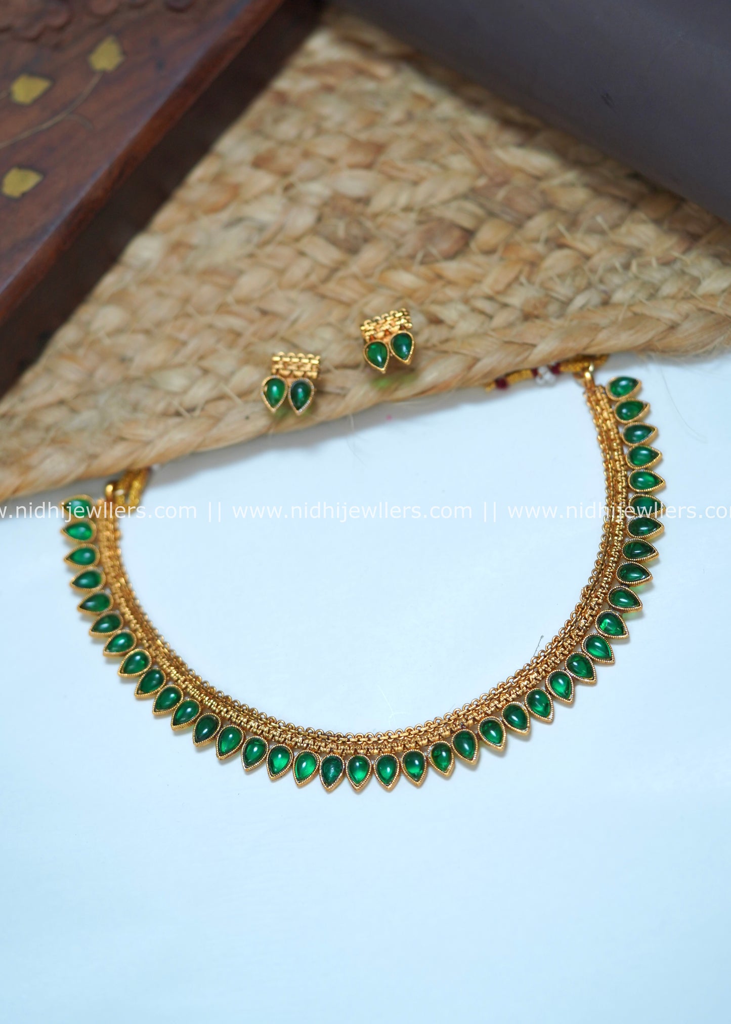 Antique Matte Emerald Mango Drop Necklace Set - Maya