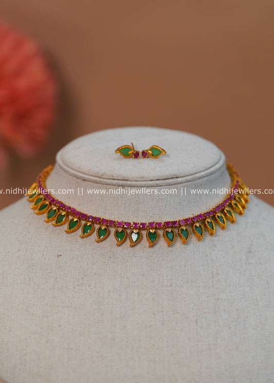 Antique Gold-Finish Palakka-Inspired Emerald Mango Choker Set with Ruby Rail - Laila