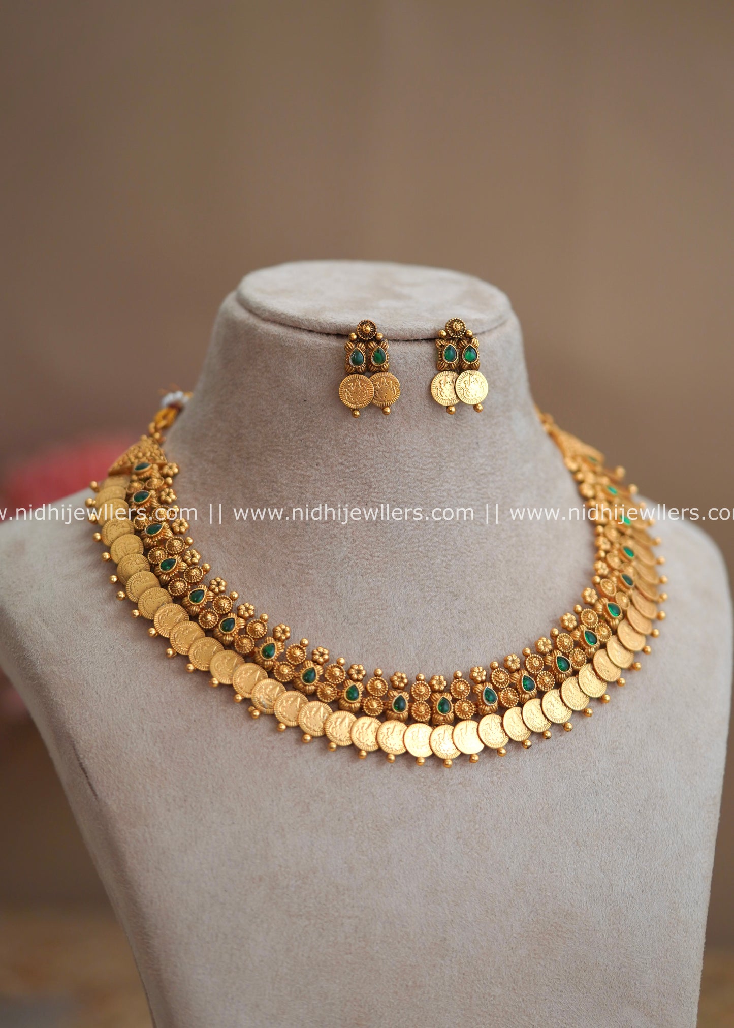 Lakshmi Kasu Necklace Set with Green Accents - Harini