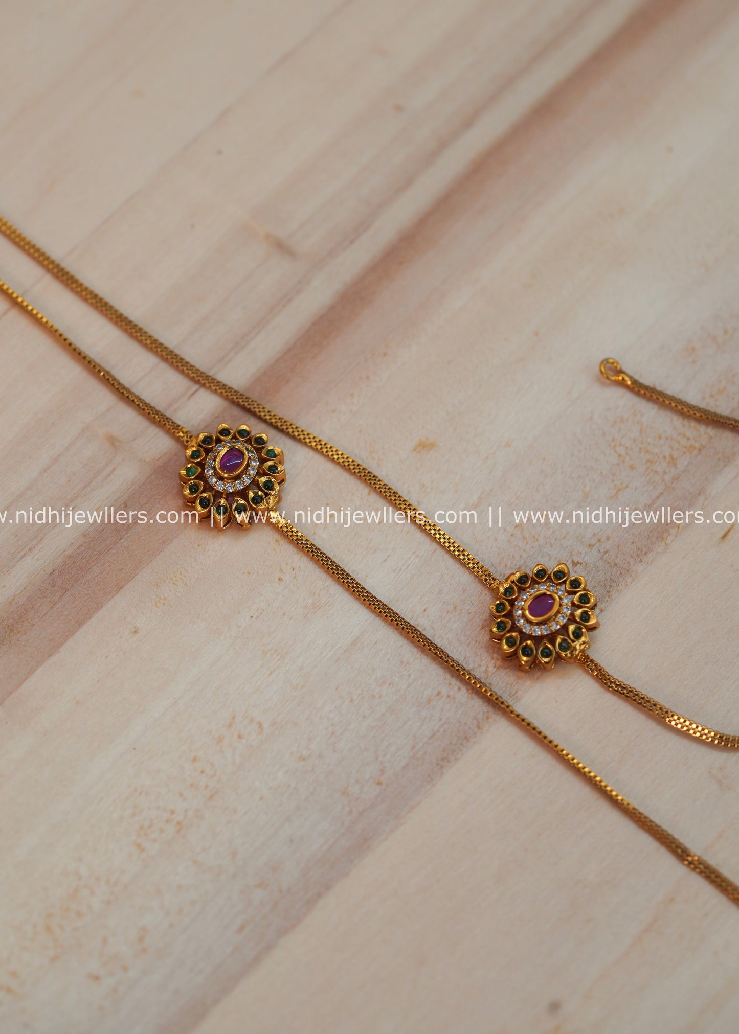 Antique Gold-Finish Sleek Multi-Stone Floral Chain Anklets (Pair) - Nithya