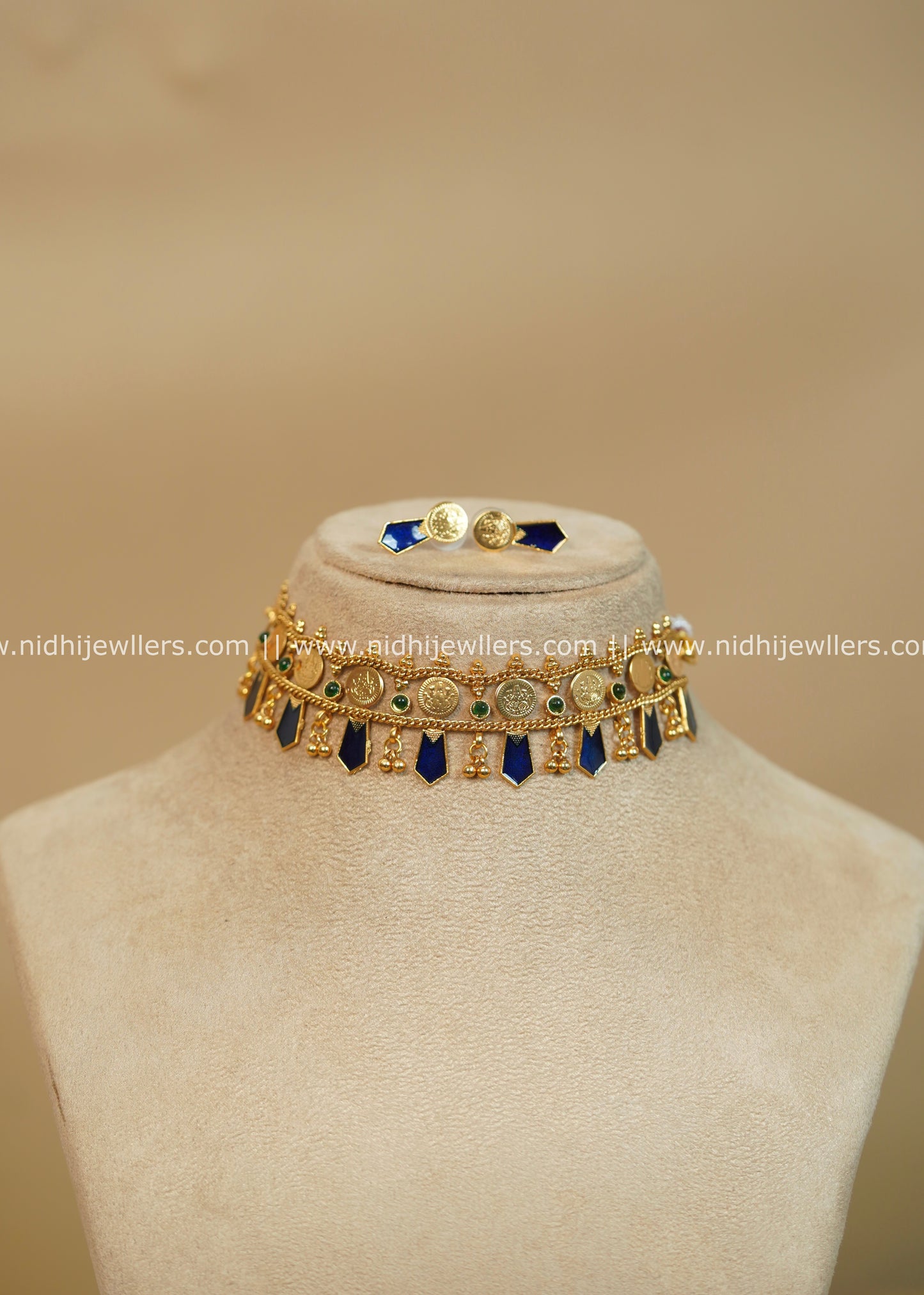 Antique Gold-Finish Royal Blue Kasu Nagapadam Choker Set - Blue- Mahi