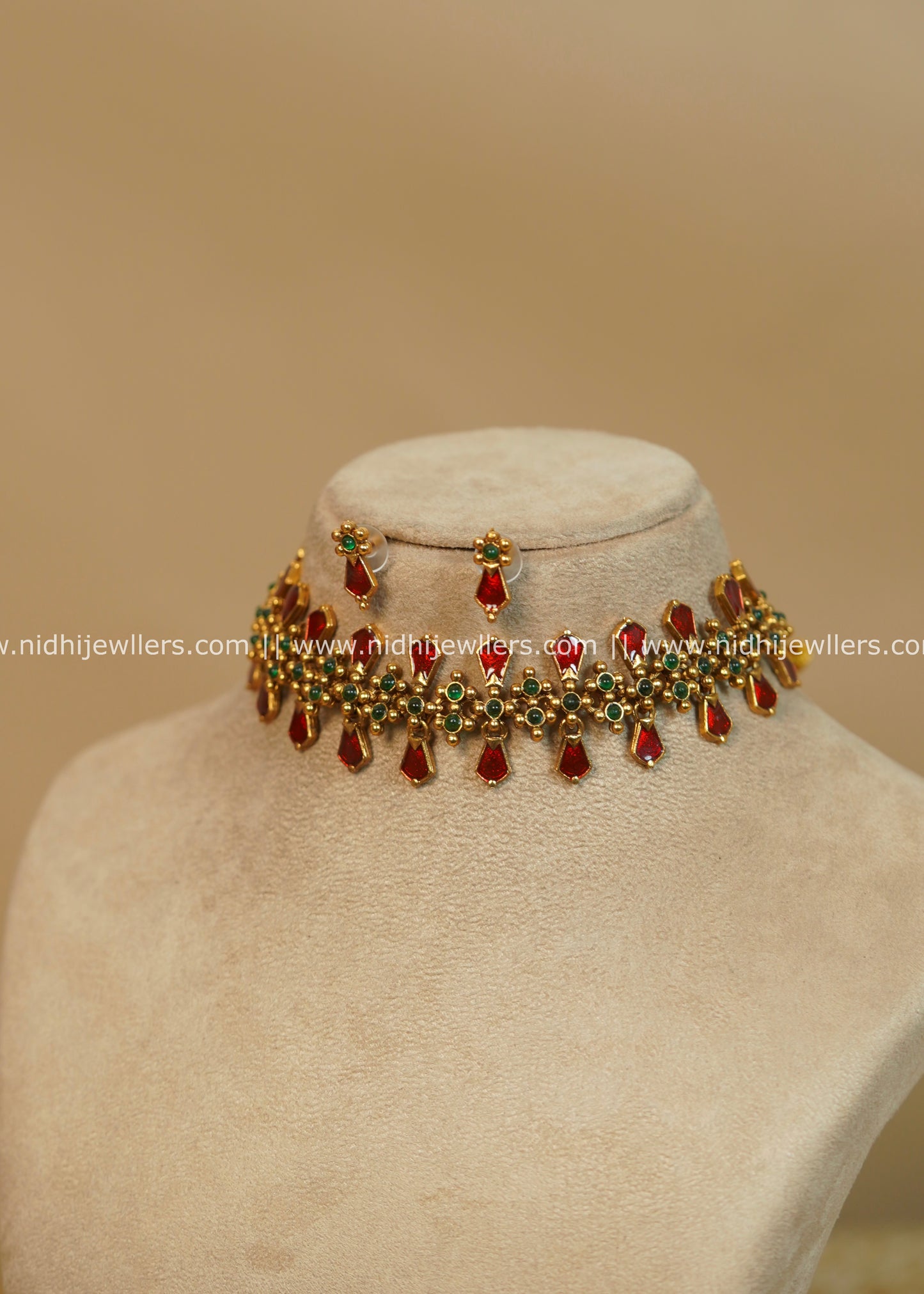 Antique Finish Festive Red Nagapadam Choker Set - Anya