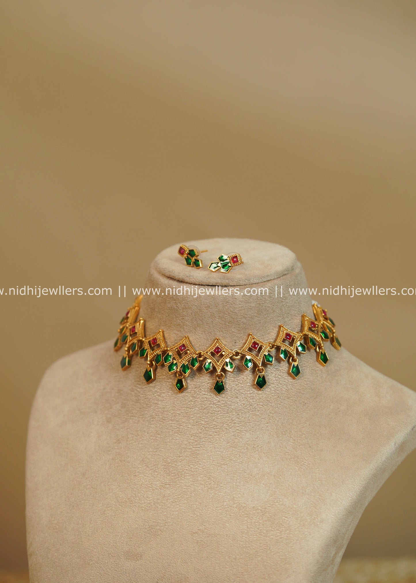 Antique Finish Classic Green Geometric Nagapadam Drop Choker Set - Miya