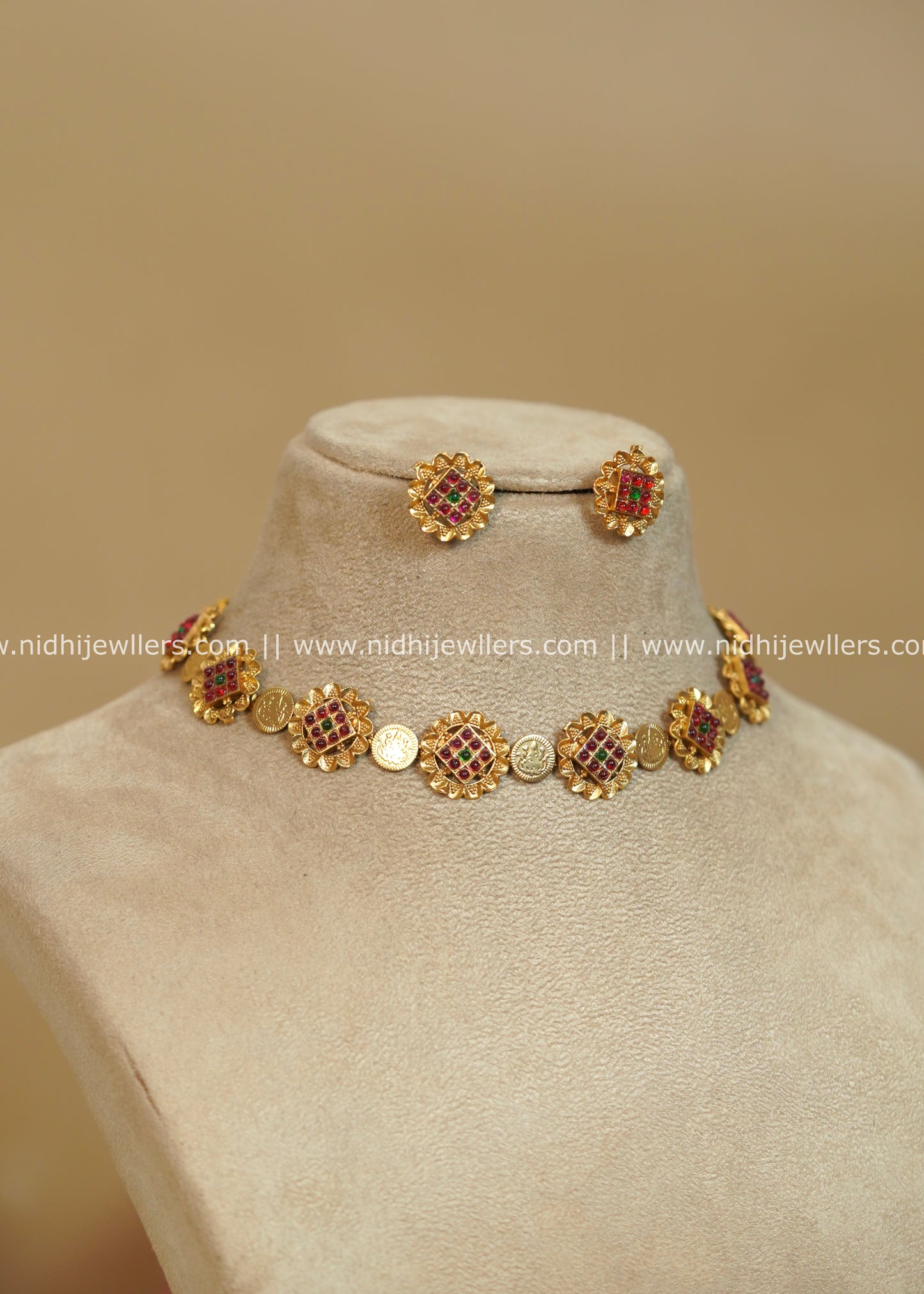 Ruby & Green Geometric Medallion Kasu Choker Set - Swara