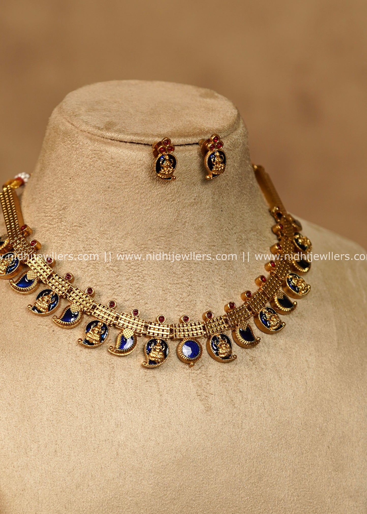 Hema Antique Gold Royal Blue Mango Lakshmi Choker Necklace Set