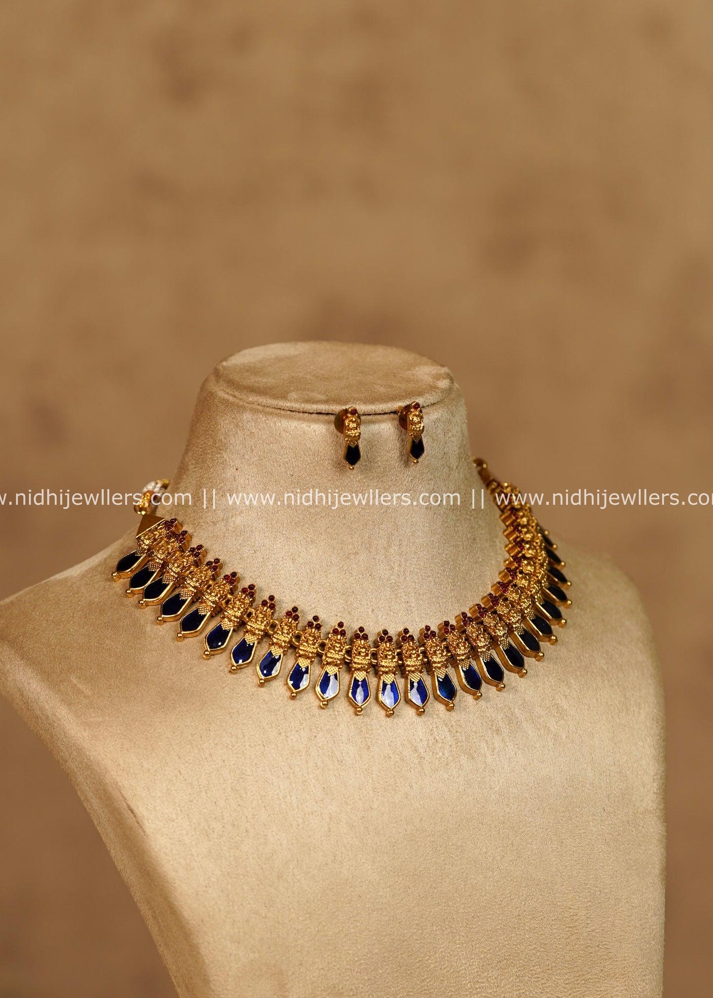 Ahalya Antique Gold Royal Blue Palakka Style Choker Necklace Set