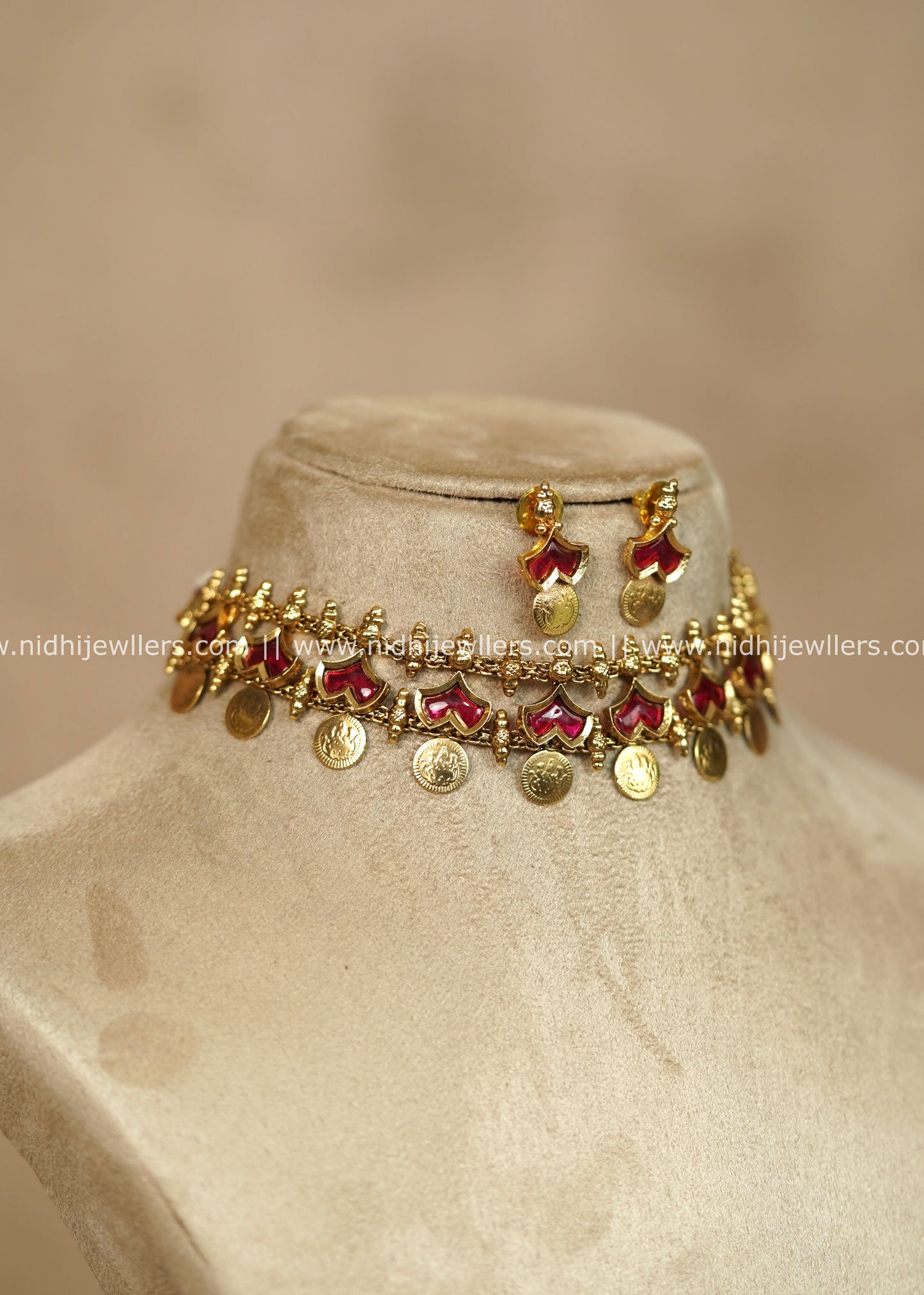 Neha Antique Gold Ruby Red Nagapadam Kasu Choker Necklace Set
