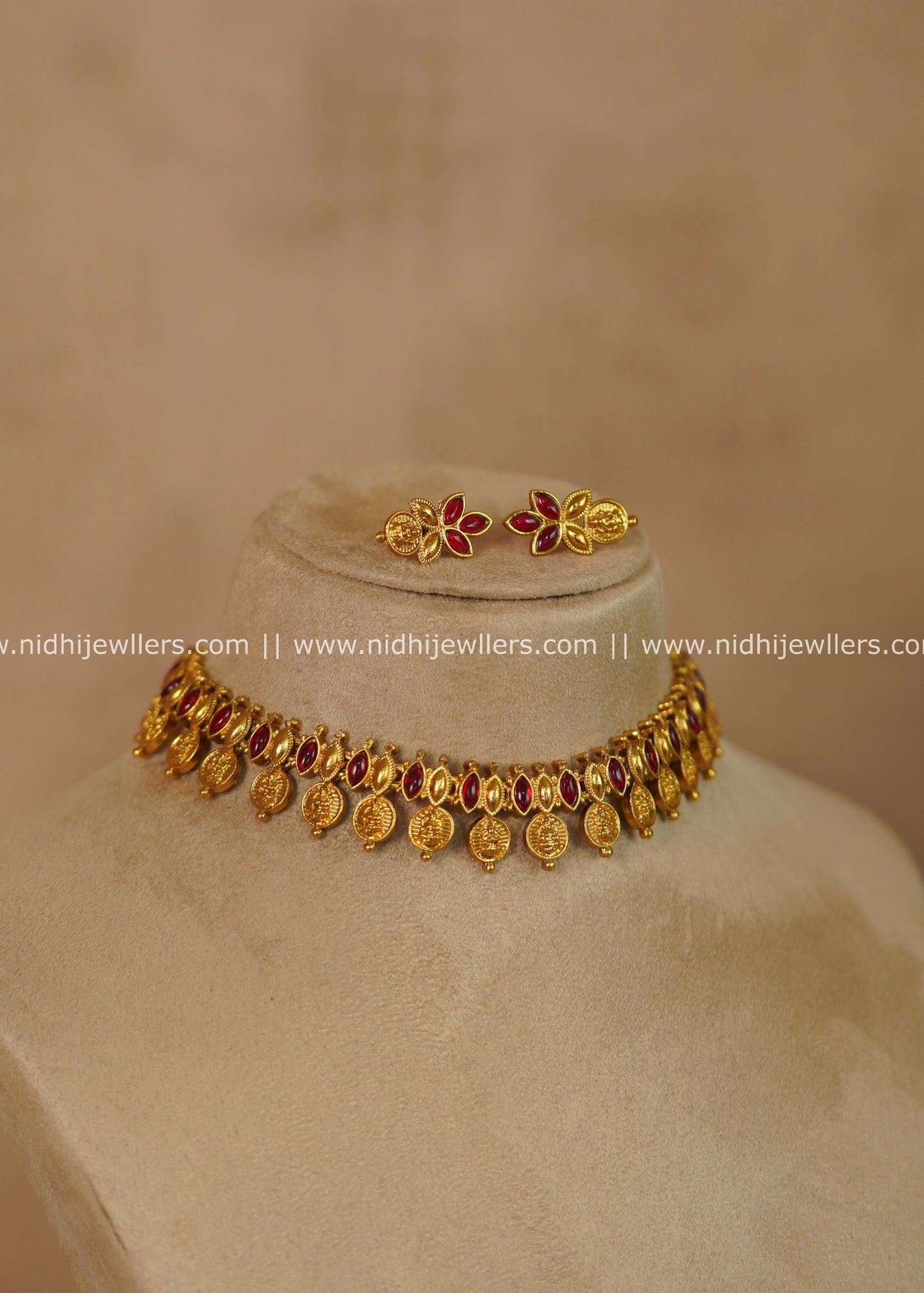 Varsha Antique Kasu & Red Stone Choker Set with Matching Earrings