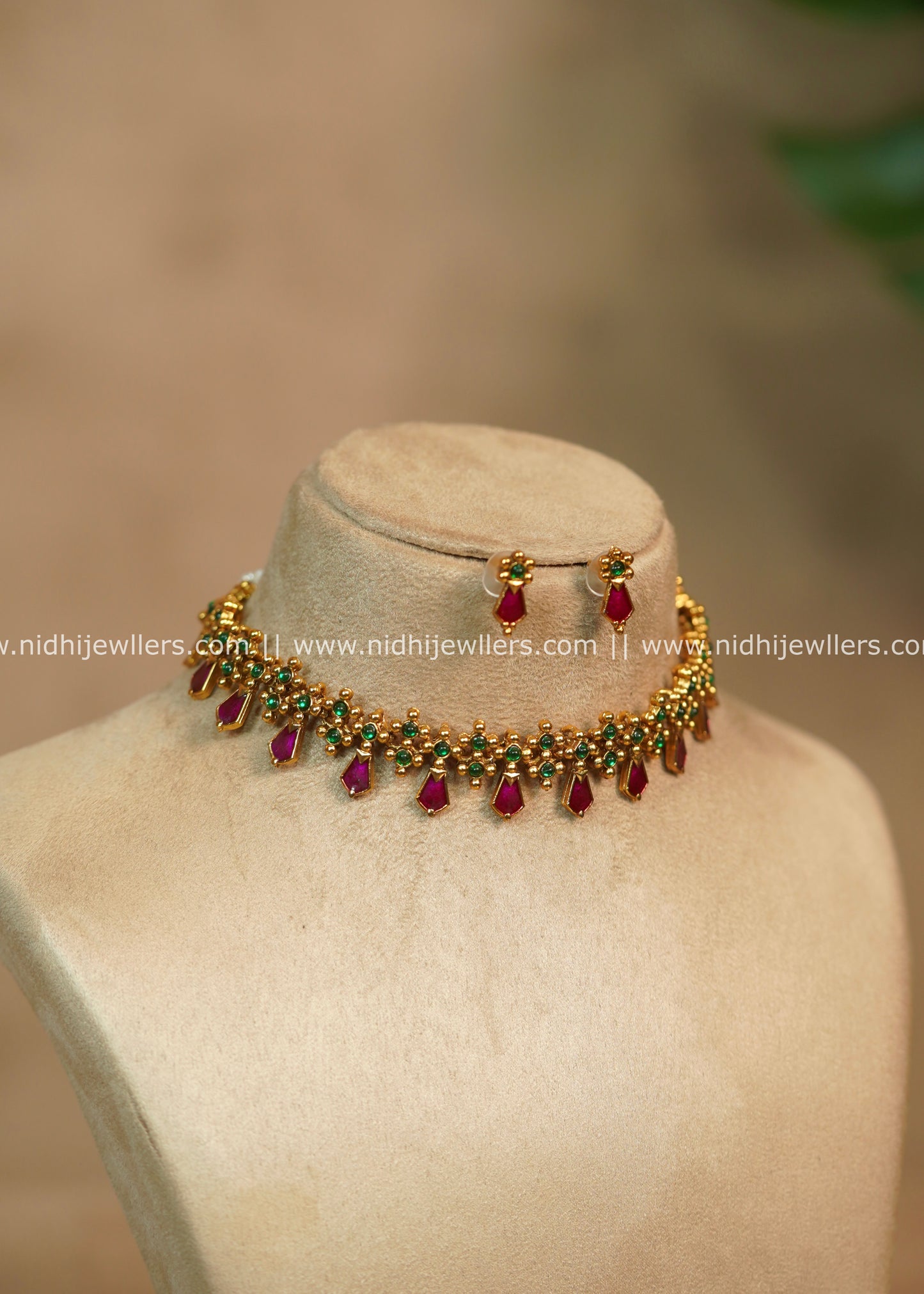 Antique Kemp & Emerald Drop Choker Set with Matching Earrings- Annie