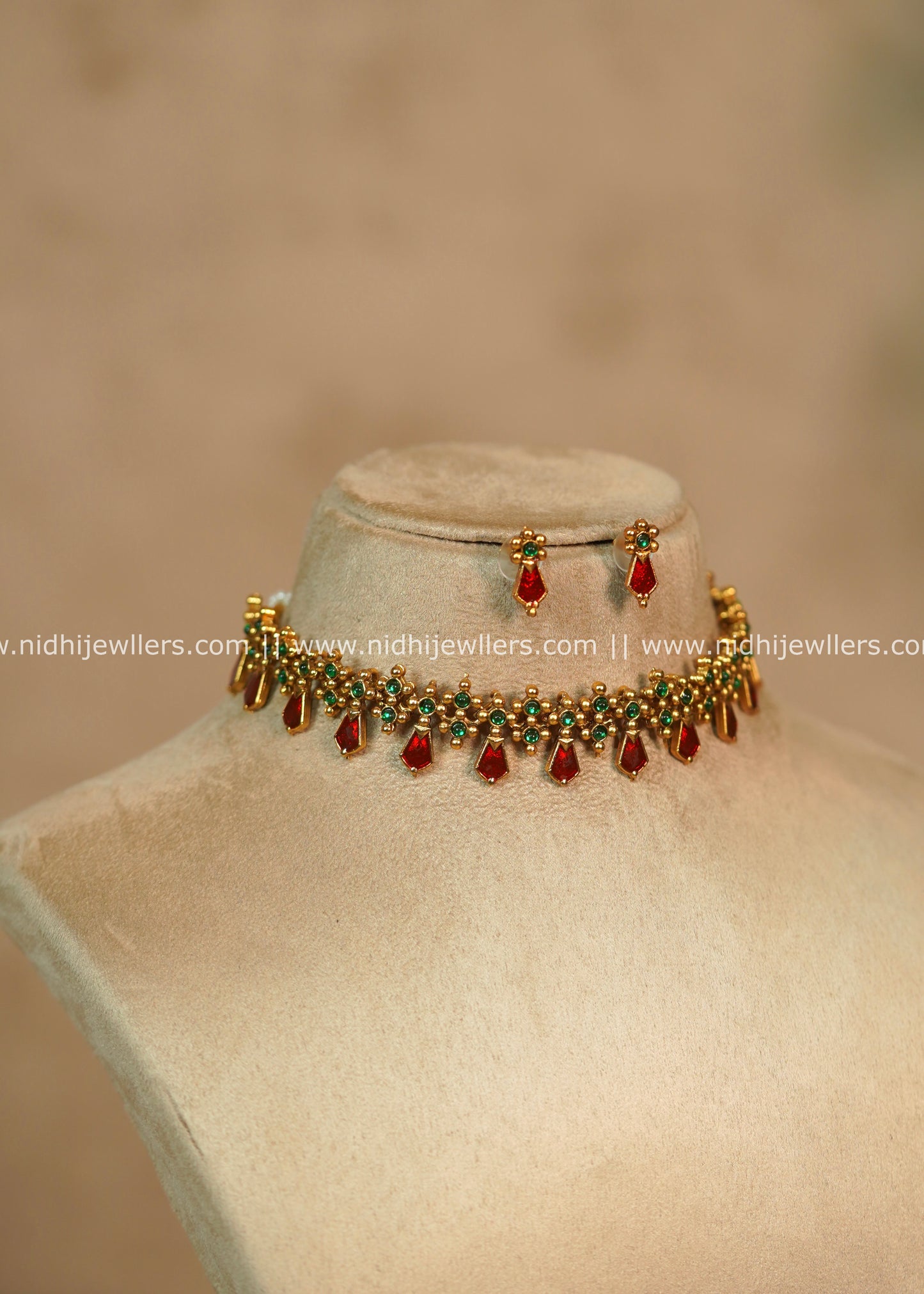 Annie Ruby Antique Kemp & Emerald Choker Set with Matching Earrings