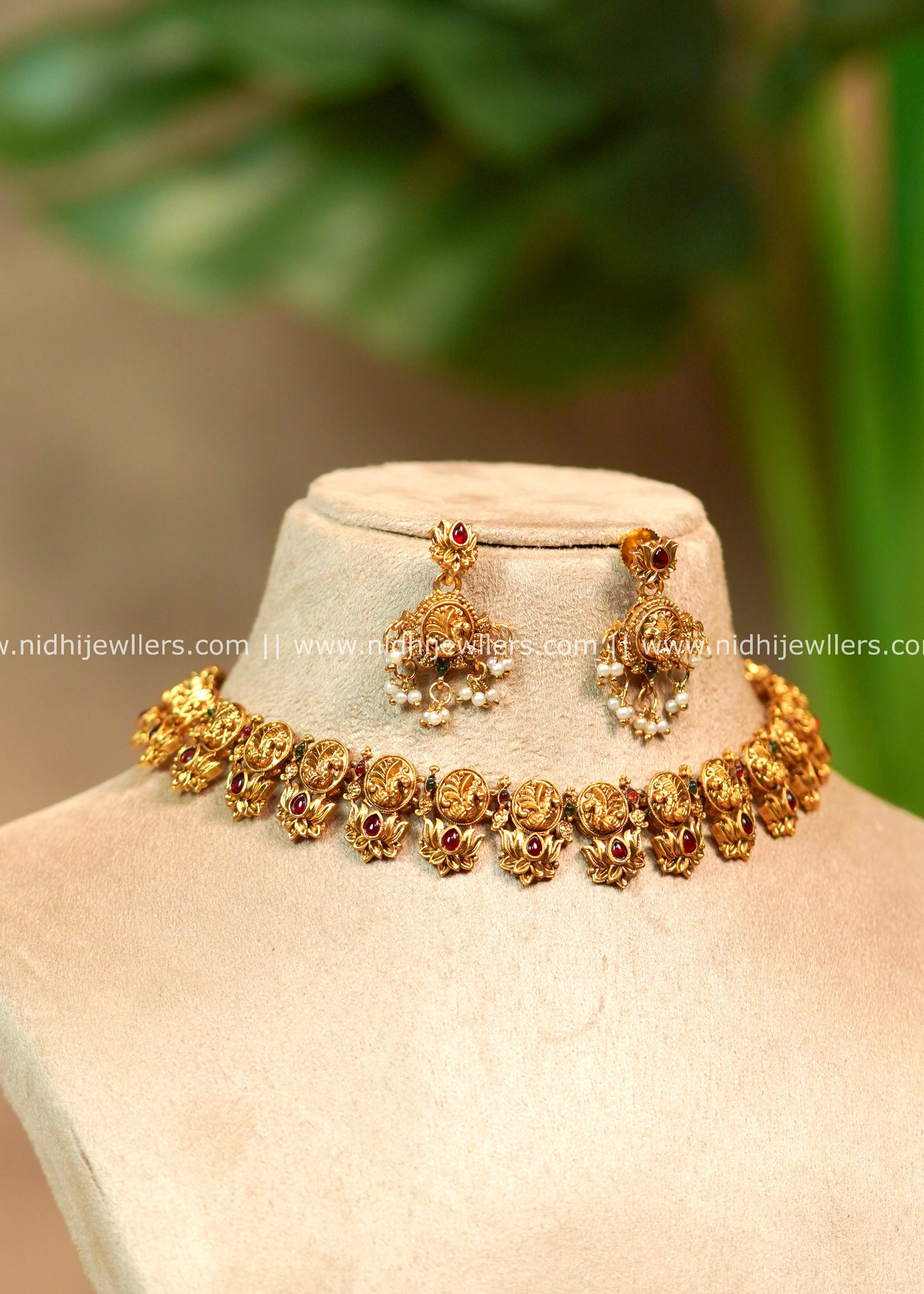 Peacock & Lotus Kemp Non-Idol Necklace Set with Matching Earrings – Mohini