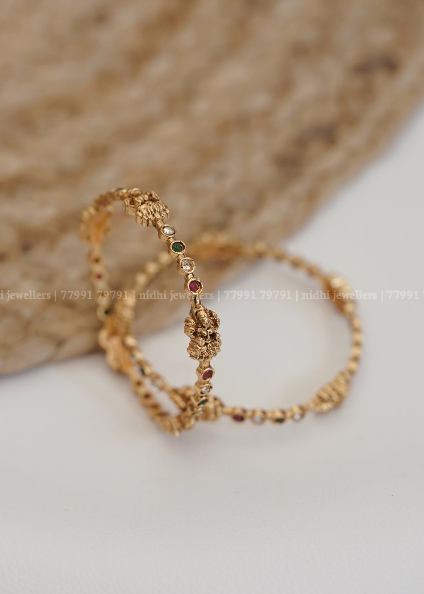 Affordable Antique Wavy Lakshmi Temple Bangles with Multi-Colour Accent Stones (Pair)