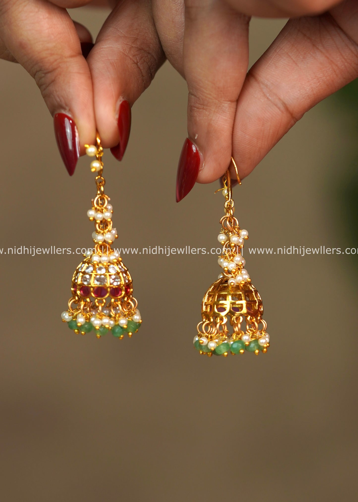 Kemp & Emerald Bead Hanging Jhumka Earrings – Saroja