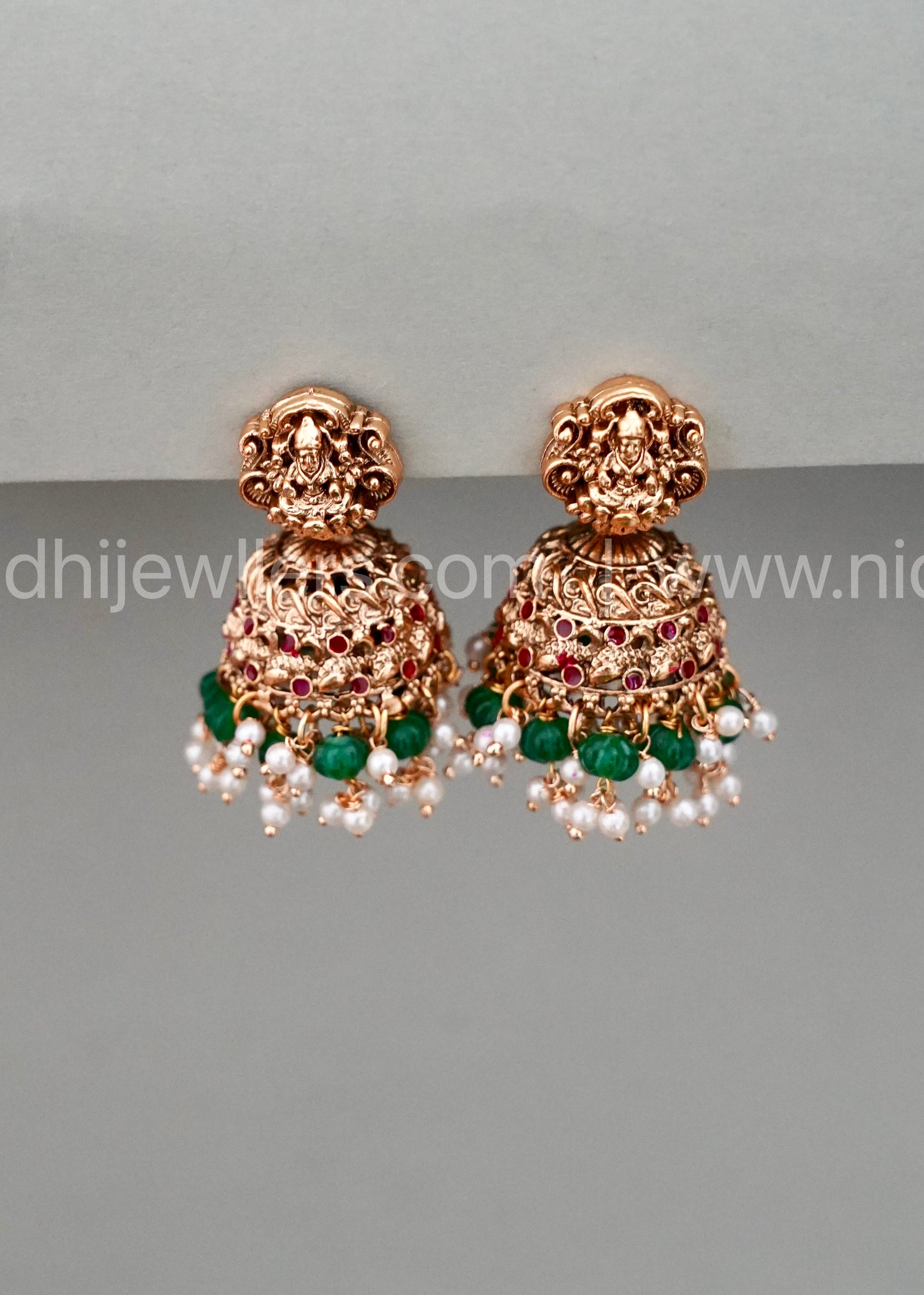 Lakshmi Jhumka with green and white beads